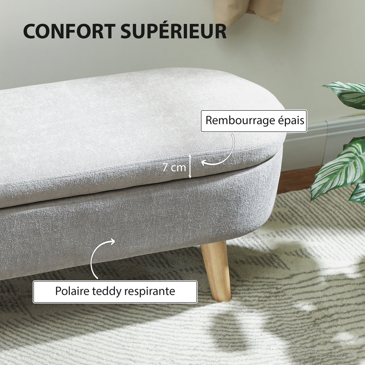 Banc banquette bout de lit coffre de rangement 2 en 1 en tissu avec pieds en bois 110l x 40P x 43H cm gris clair-4