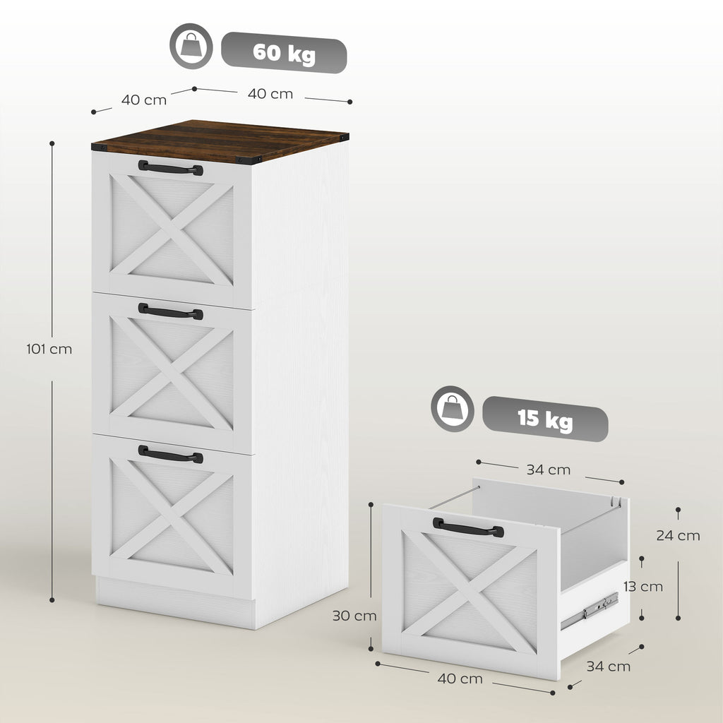 Caisson de Bureau avec 3 Tiroirs, Dossiers Suspendus pour Formats Lettre/A4, Style Rustique, 40x40x101cm, Blanc-2
