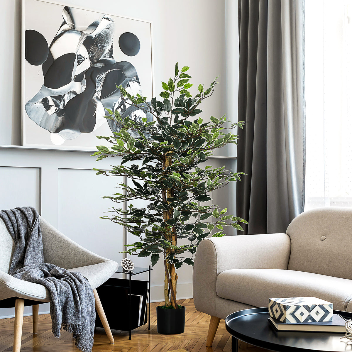 Plante artificielle ficus tronc branches liane lichen feuilles grand réalisme pot inclus hauteur 1,3 m-9