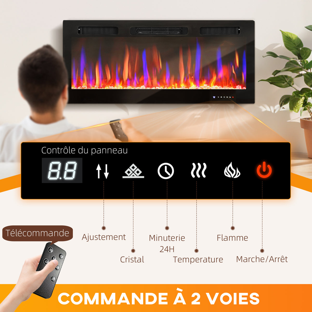 Cheminée électrique mural ou encastrable 900W/1800W, effet flamme à 12 couleurs 5 luminosités, 106,7x9,4x47cm, noir-4