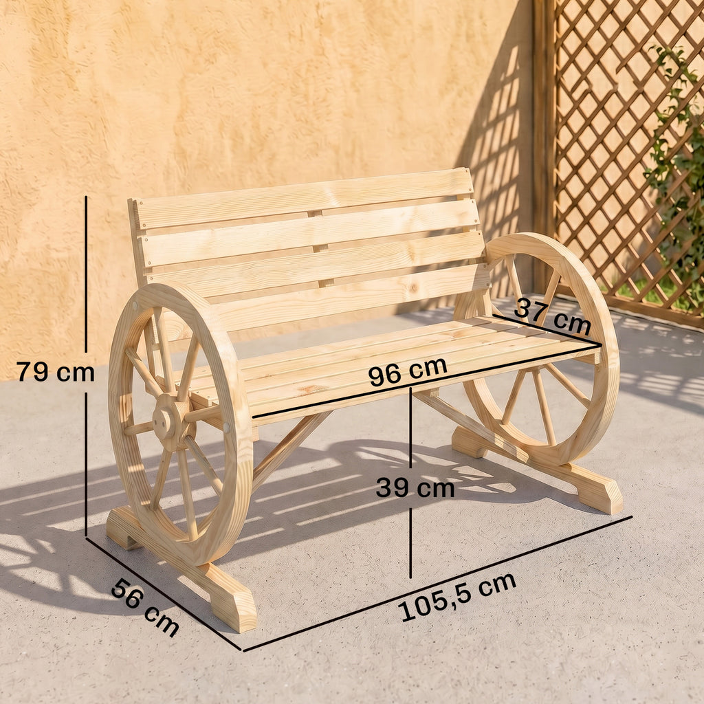 Banc de Jardin banc 3 places en bois Style Rustique Chic accoudoirs Roues Charette Bois Sapin effet bois naturel-2