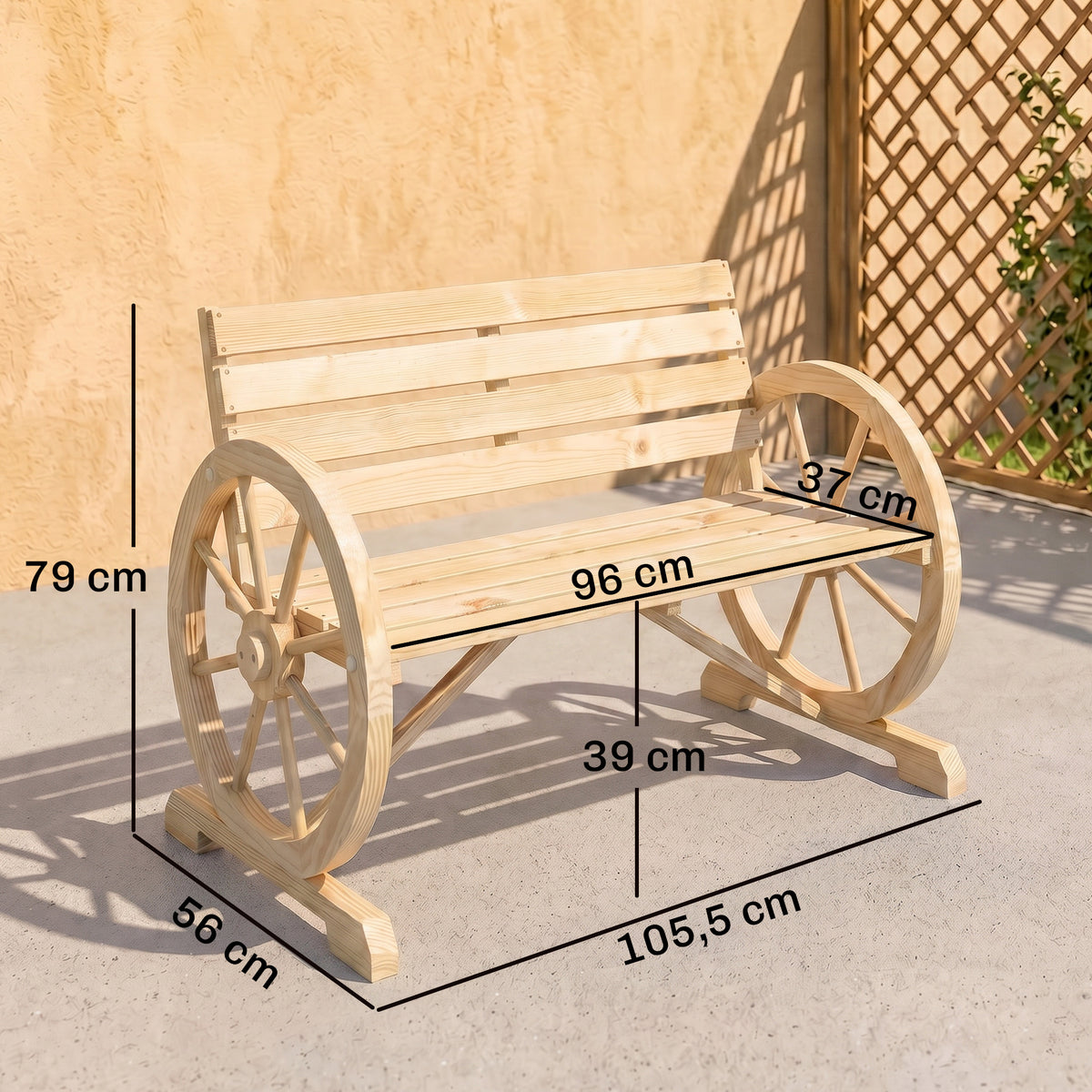 Banc de Jardin banc 3 places en bois Style Rustique Chic accoudoirs Roues Charette Bois Sapin effet bois naturel-2