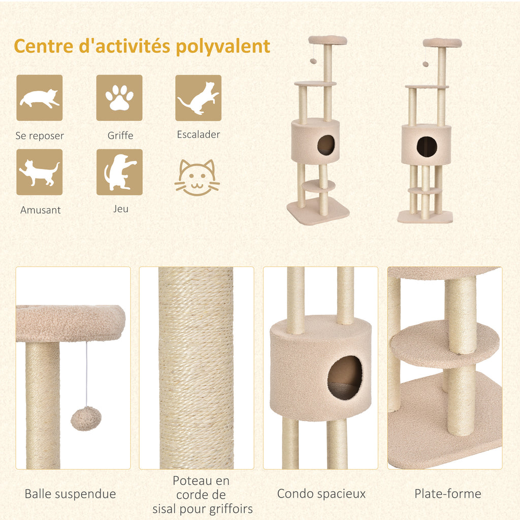 Arbre à chats avec griffoir arbre à grimper pour chat niche et plate-formes peluche haute densité 148 cm beige-4