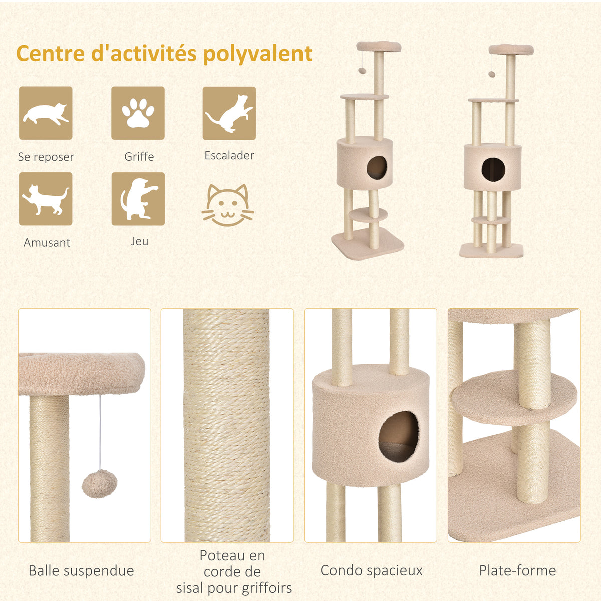 Arbre à chats avec griffoir arbre à grimper pour chat niche et plate-formes peluche haute densité 148 cm beige-4