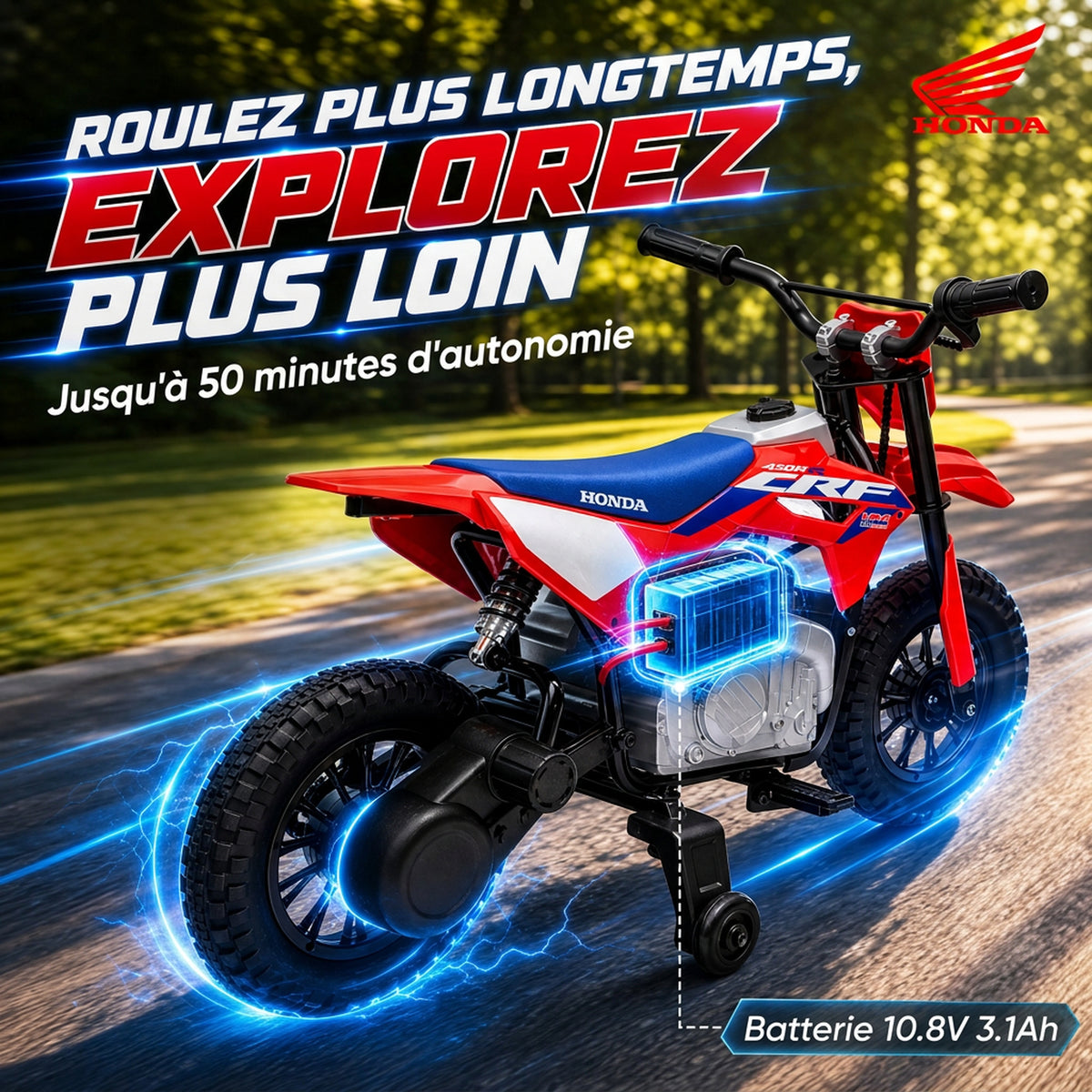 Moto Électrique Enfants sous Licence HONDA 12 V, Vitesse 3-6 Km/h, Voiture Électrique Enfants 3-8 ans, Rouge et Bleu-4