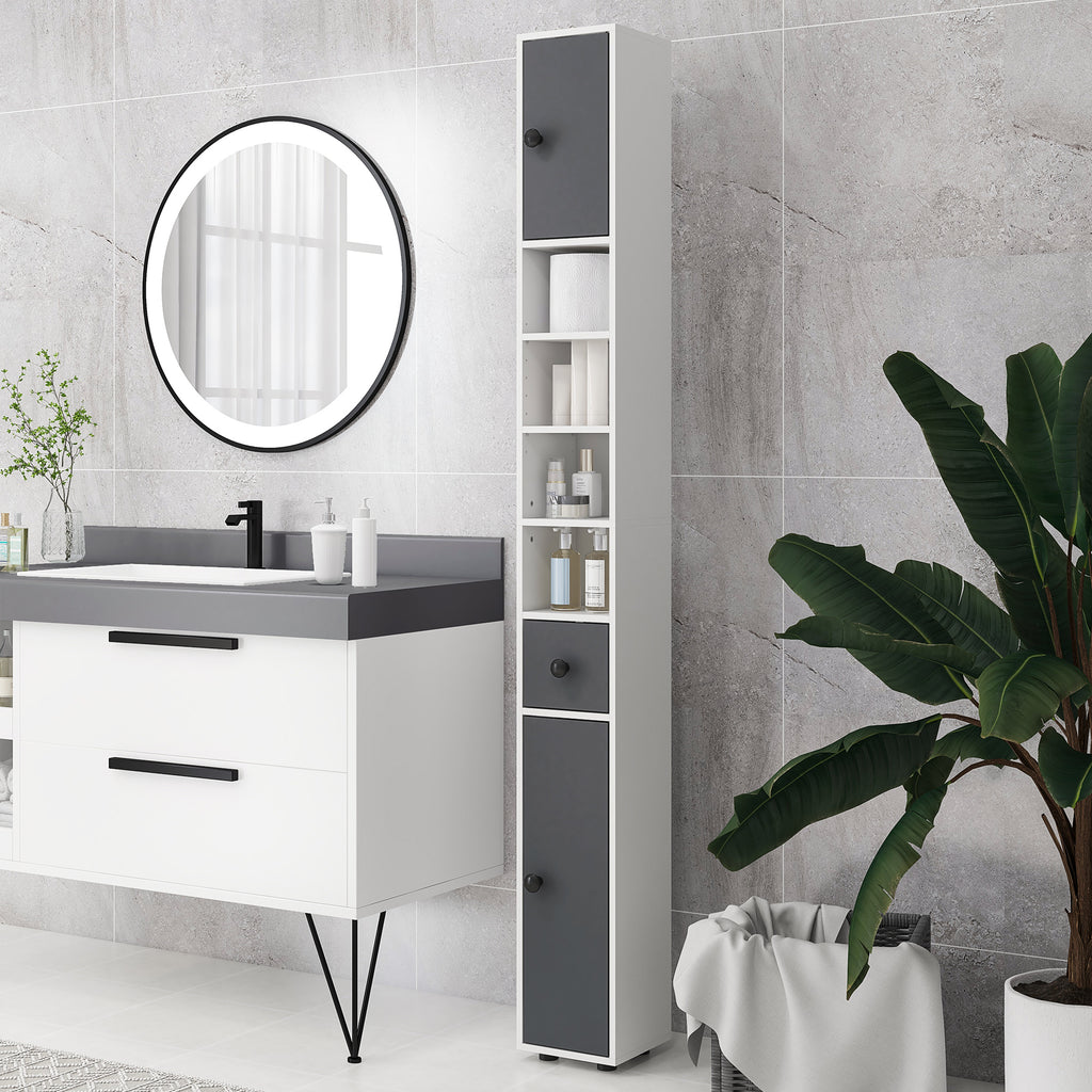 Colonne de rangement armoire haute pour salle de bain 1 tiroir 4 étagères réglables et 2 placards 20 x 20 x 180 cm gris-1