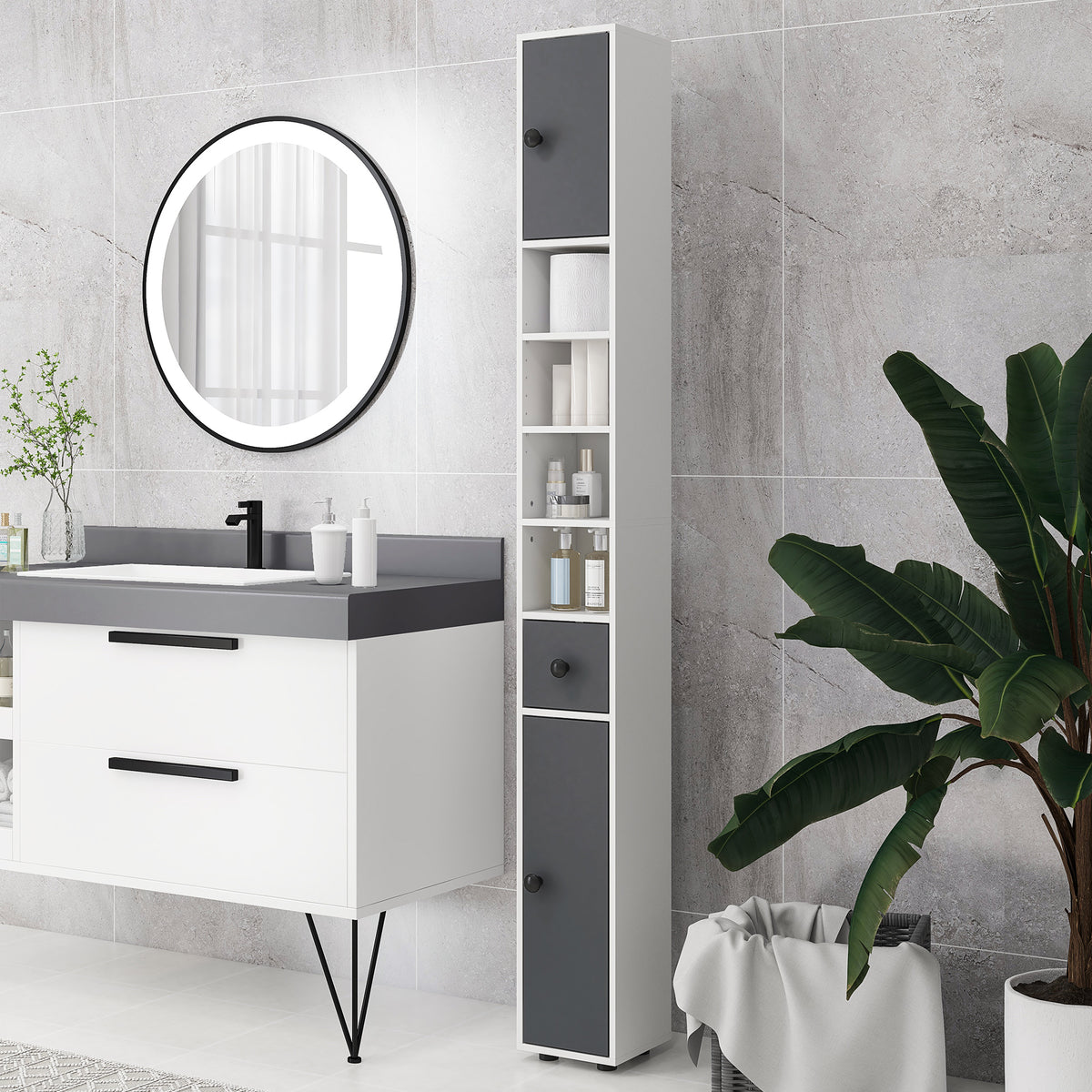 Colonne de rangement armoire haute pour salle de bain 1 tiroir 4 étagères réglables et 2 placards 20 x 20 x 180 cm gris-1