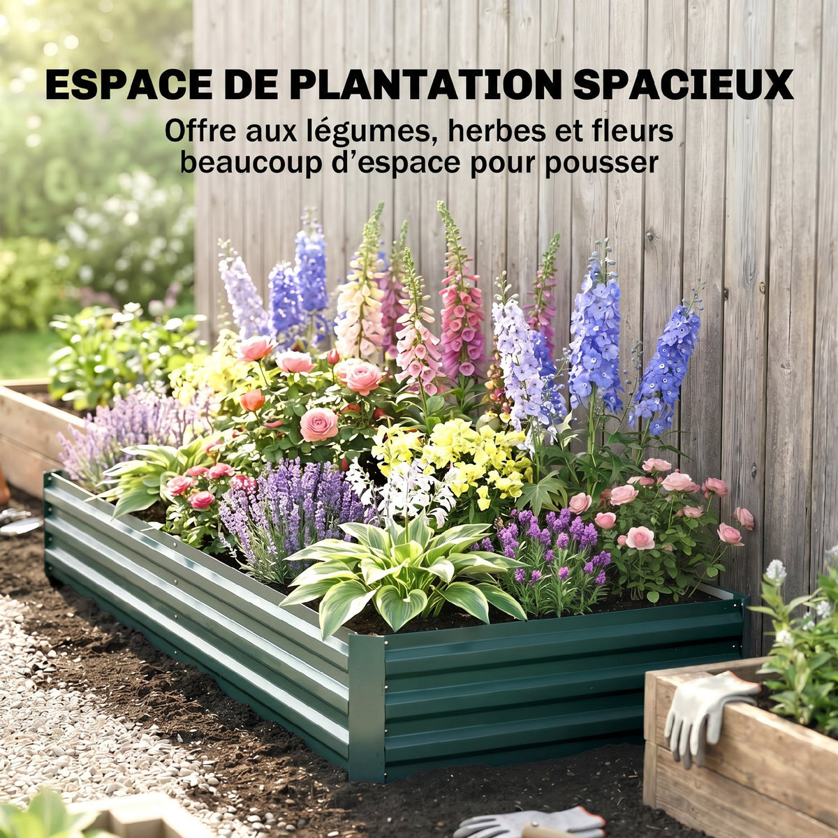 Carré Potager en Métal Modulable - Potager Surélevé 241x90,5x30cm en Acier Galvanisé - Jardinière Extérieur Anti-Rouille pour Légumes et Fleurs, Vert Foncé-3
