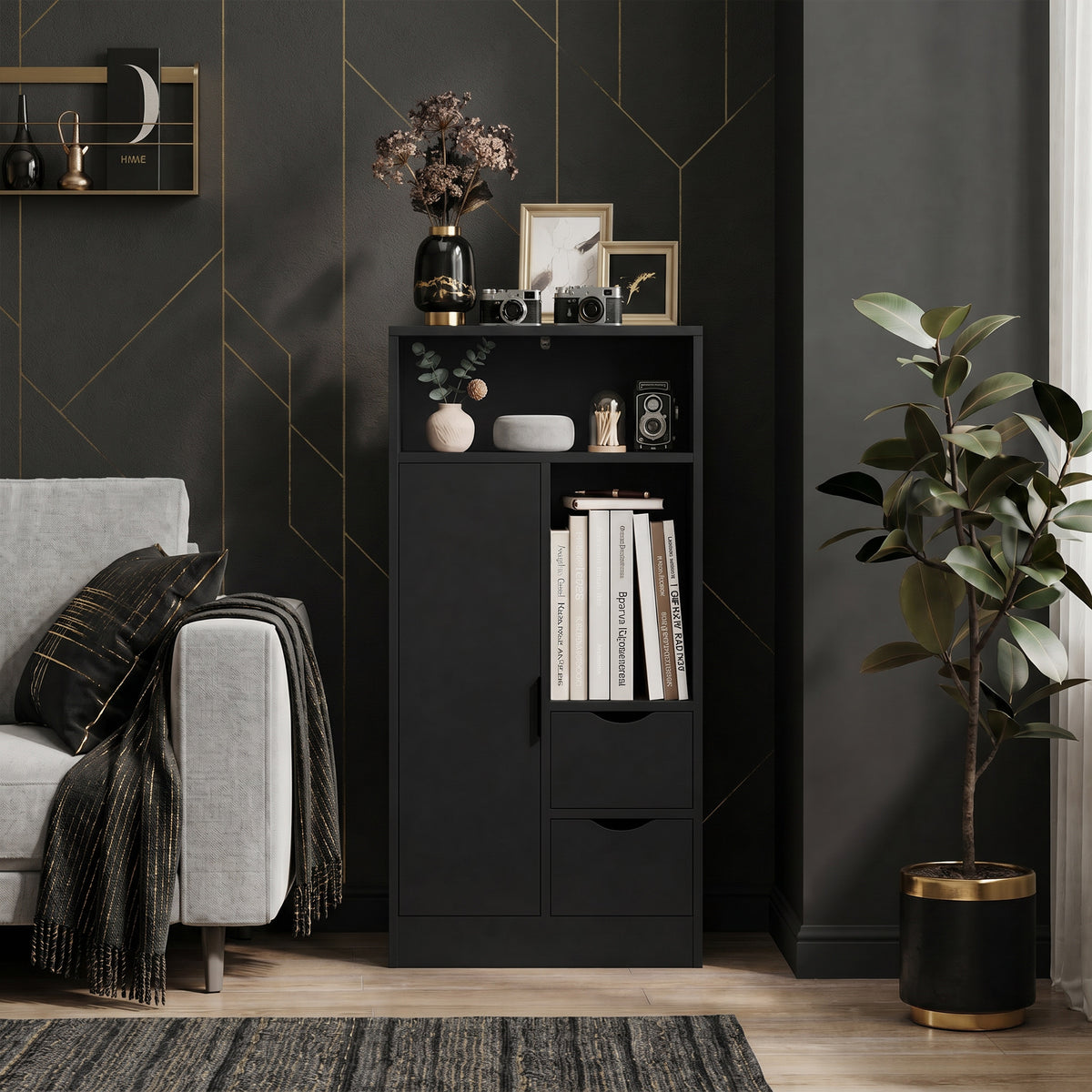 Meuble de salle de bain, meuble de rangement étroit avec 2 tiroirs, compartiments ouverts, 50x25x100cm, noir-9
