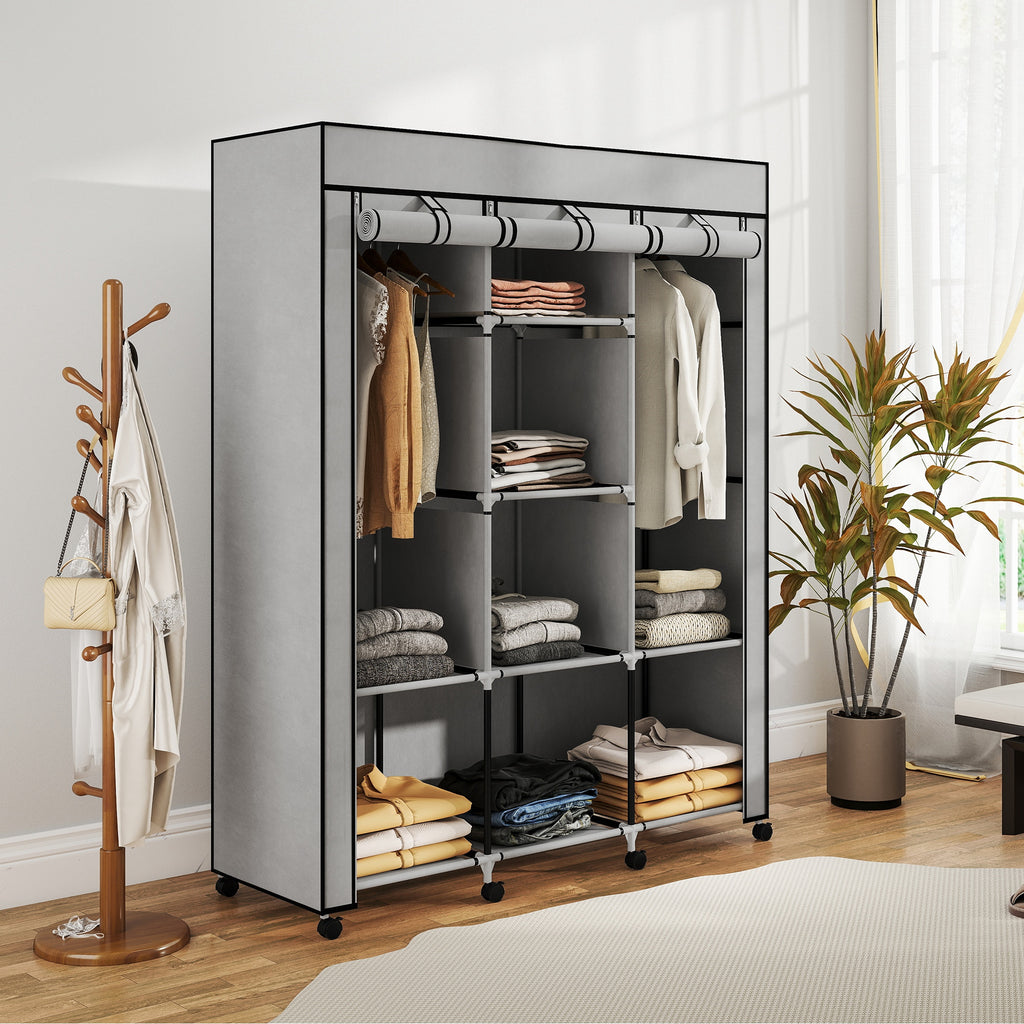 Armoire penderie multi-rangement - 8 étagères, 2 barres - non tissé gris-6