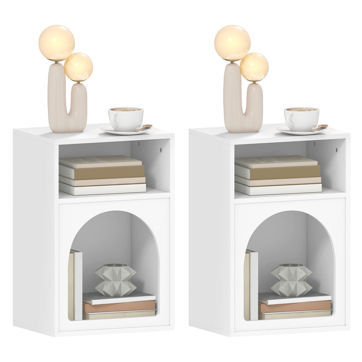 Lot de 2 tables de chevet, table de nuit avec compartiments ouverts, design arqué, 40 x 30 x 60 cm, blanc-9