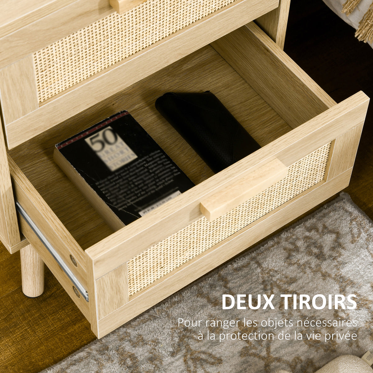 Lot de 2 tables de chevet tables d'appoint 2 tiroirs façades aspect cannage rotin style bohème 40 x 40 x 56 cm naturel-4
