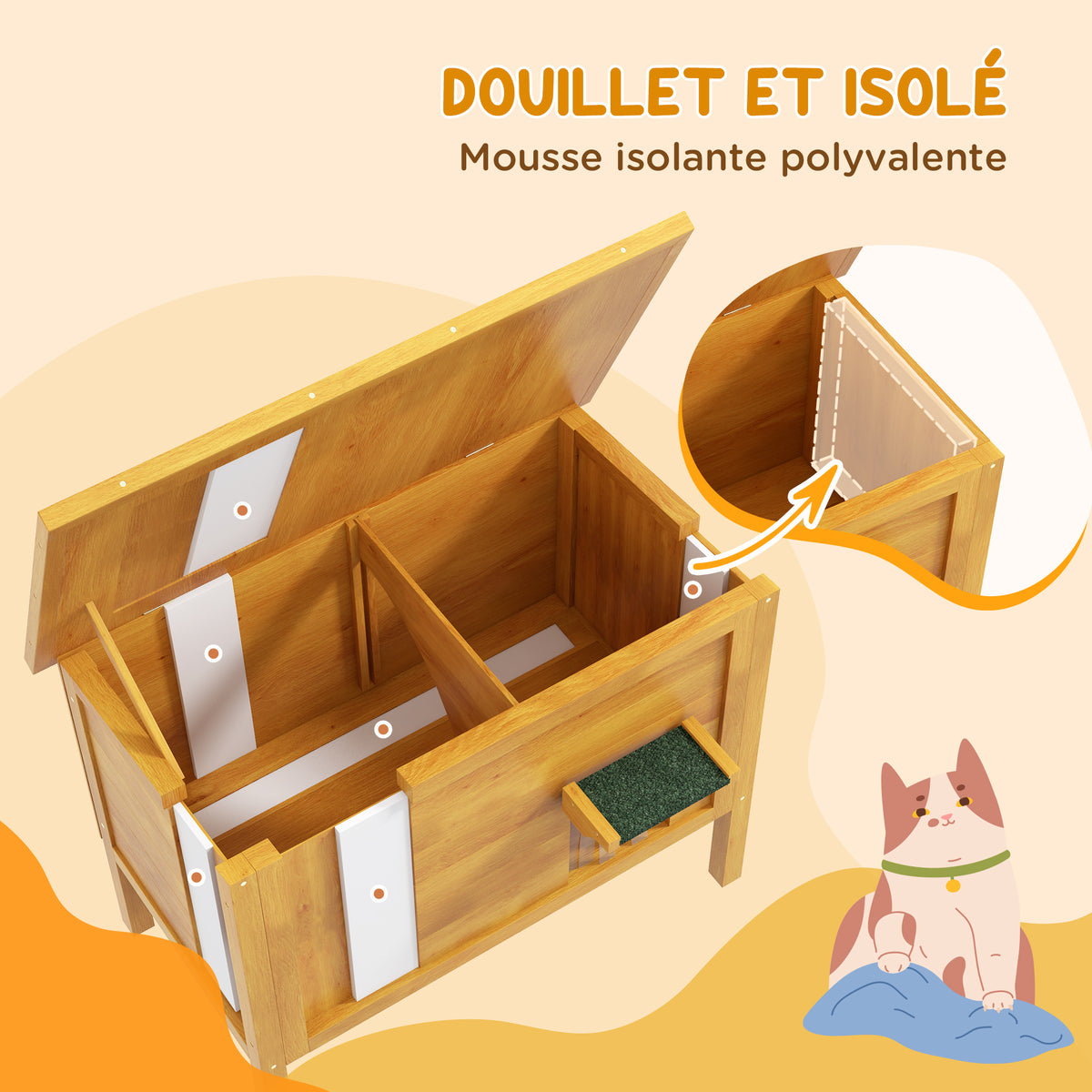 Maison pour chats niche d'extérieur en bois surrélevée avec toit ouvrable isolée  85 x 50 x 68,5 cm naturel vert-3