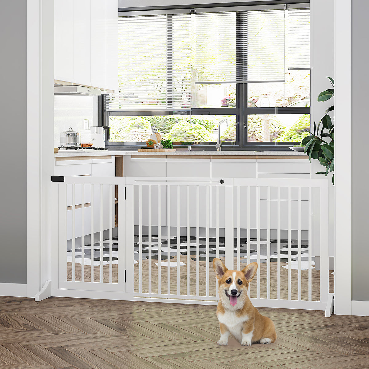 Barrière de sécurité chien barrière autoportante longueur réglable porte verrouillable intégrée dim. 113-166L x 36l x 71H cm pin blanc-1