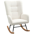 Fauteuil à bascule en tissu effet laine bouclée avec pieds en bois massif d'hévéa pour chambre, salon, crème-0