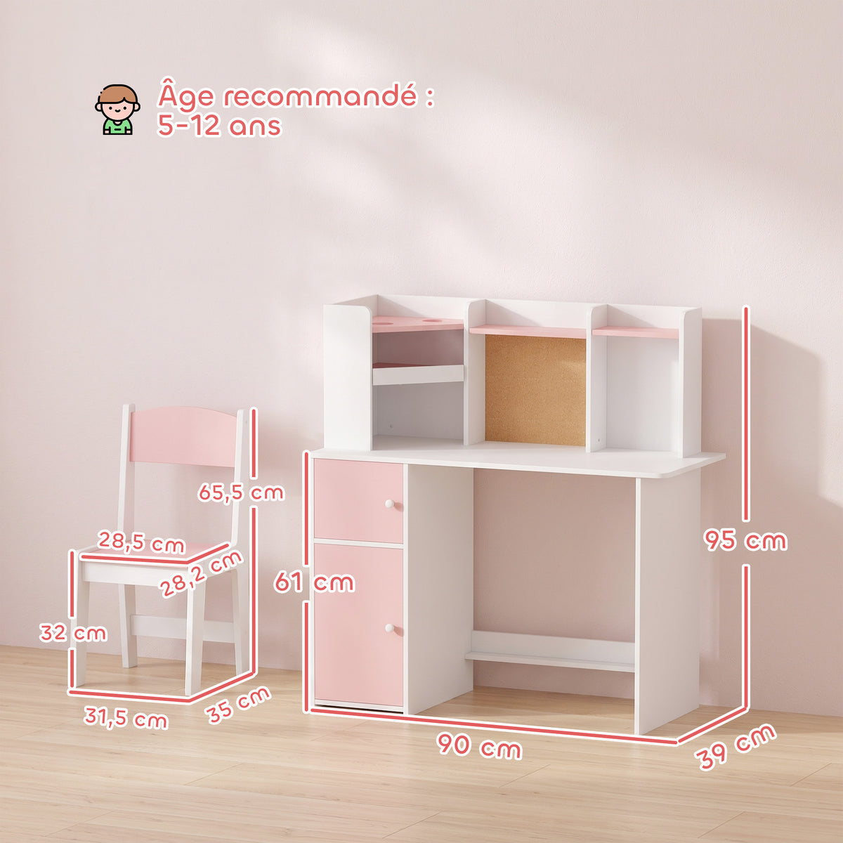 Bureau Enfant avec Chaise, Table d'Étude, Support de Tablette Réglable, Porte-Stylos, Panneau en Liège, 5-12 ans, Rose-2