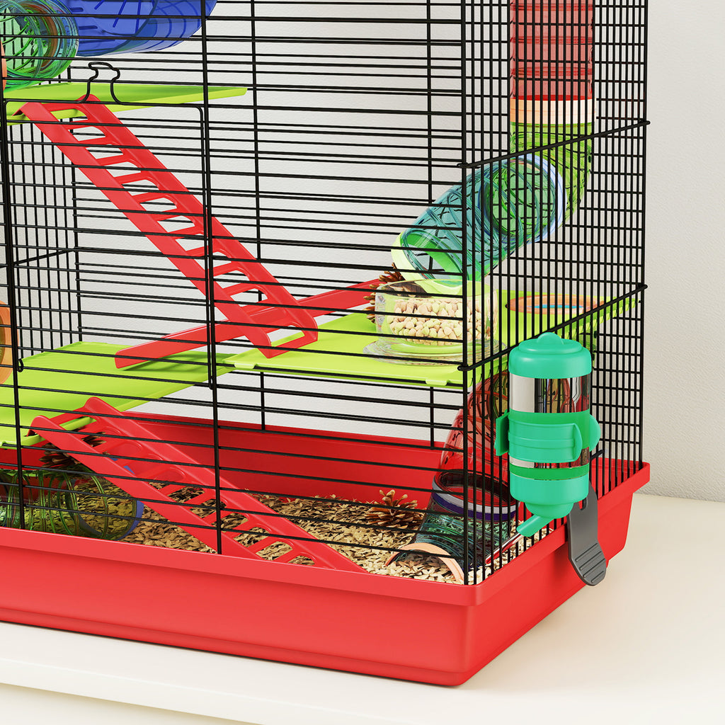 Cage pour hamster souris petit animaux rongeur avec tunnel mangeoire roue jouet 47 x 30 x 59 cm rouge-8