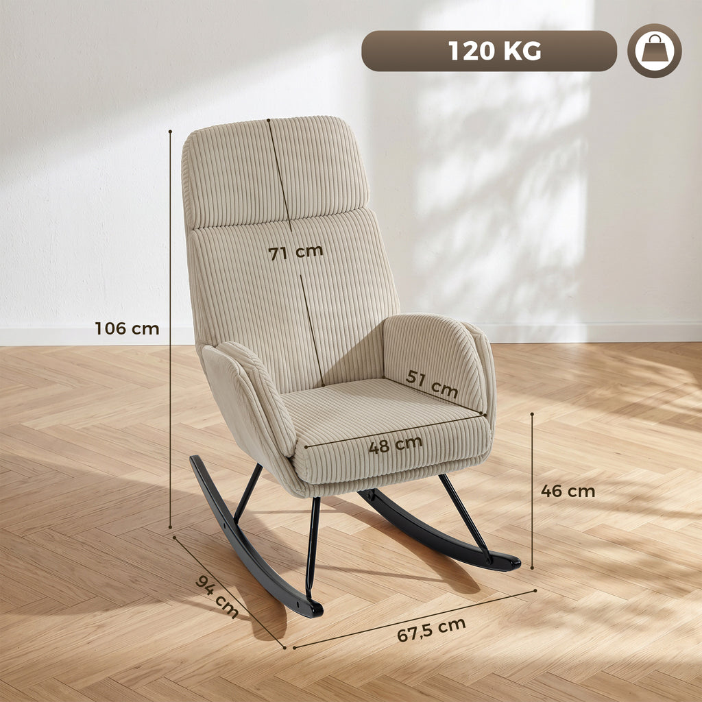 Fauteuil à Bascule, Rocking Chair en Velours Côtelé avec Dossier Haut et Accoudoirs, Pieds en Bois d'hévéa, Beige-2