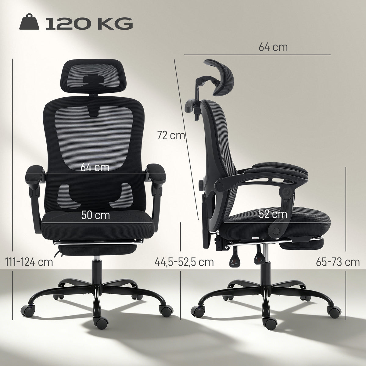 Chaise bureau ergonomique, fauteuil de bureau en maille avec appuie-tête réglable, support lombaire, 64x64x124cm, noir-2