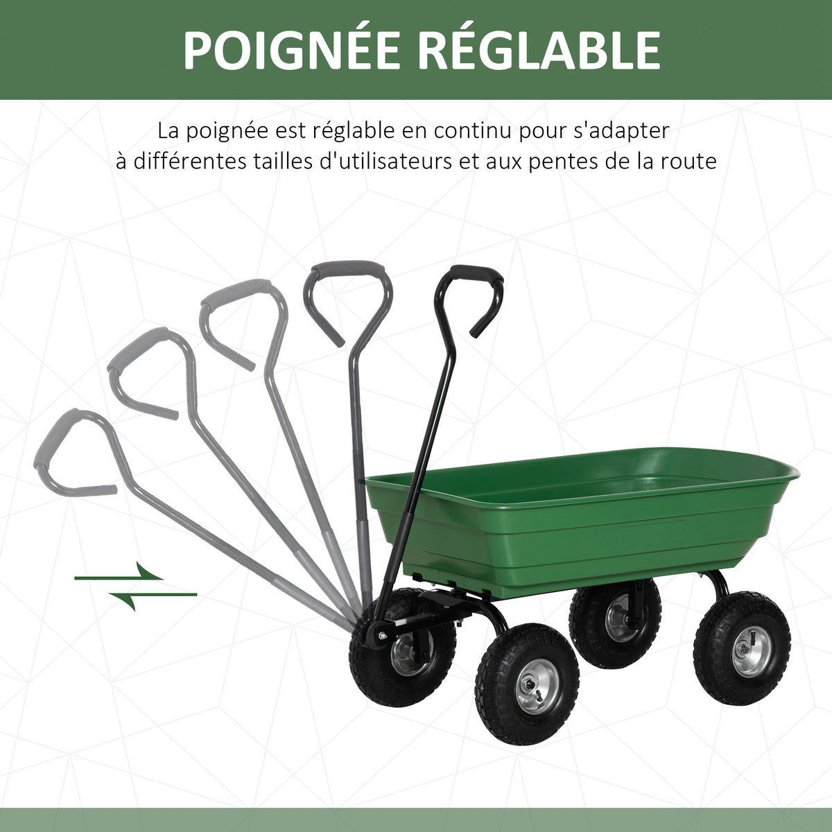 Chariot de Jardin 100L Charge 250 kg, 4 Roues pneumatiques Remorque à Main pour Extérieur 108 x 52 x 100 cm Acier vert-3