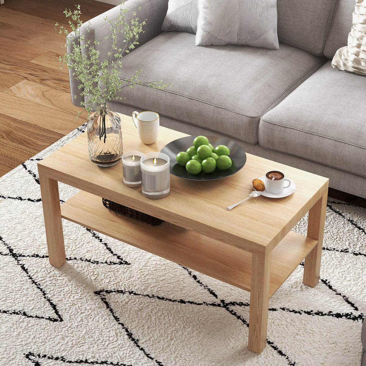 Table basse de salon, table d'appoint rectangulaire à 2 niveaux avec étagère de rangement, 90x45x44,5cm, bois naturel-6