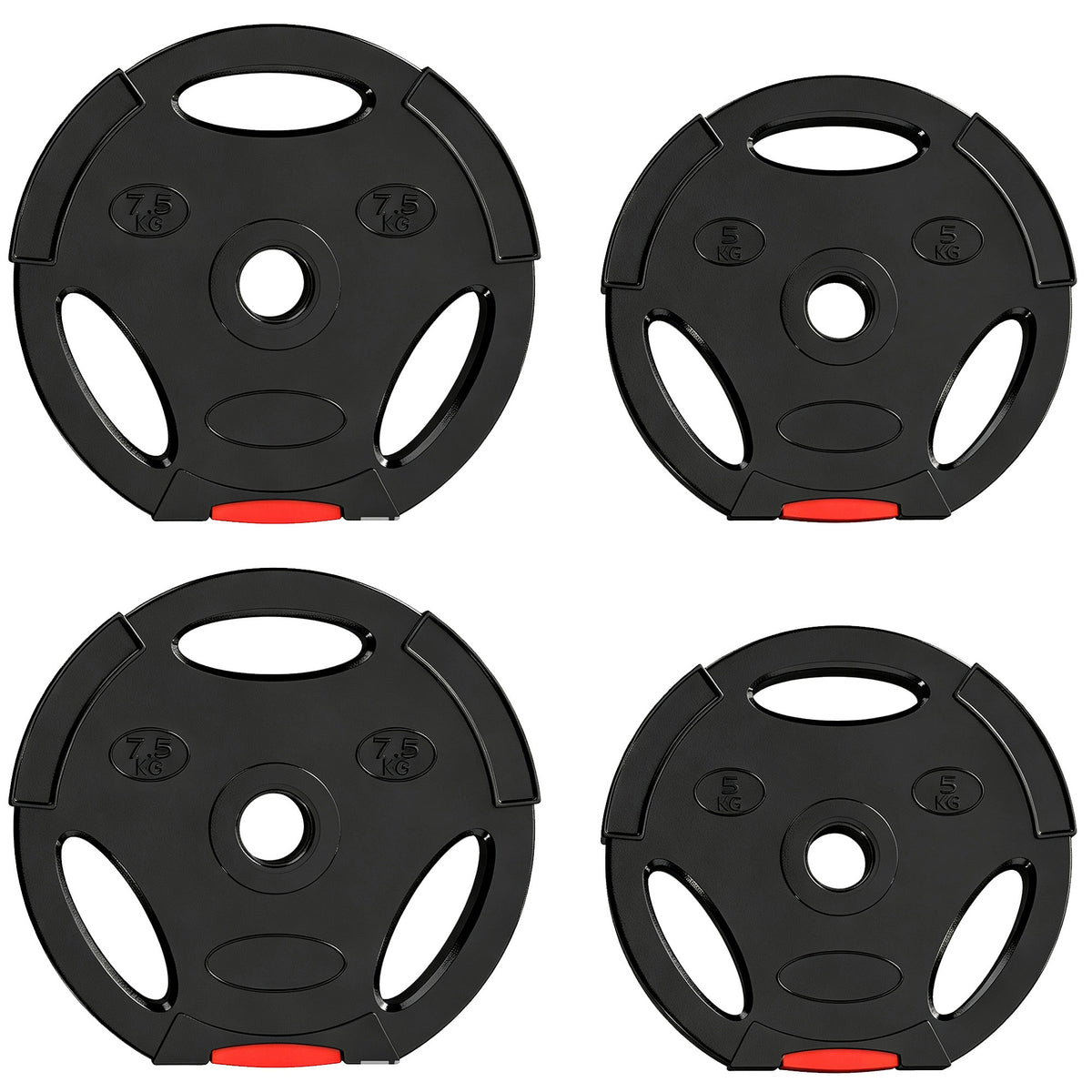 Disques de poids, plaques de poids 2 x 5 kg et 2 x 7,5 kg, à trois poignées avec trous de Ø 25 mm, noir-0