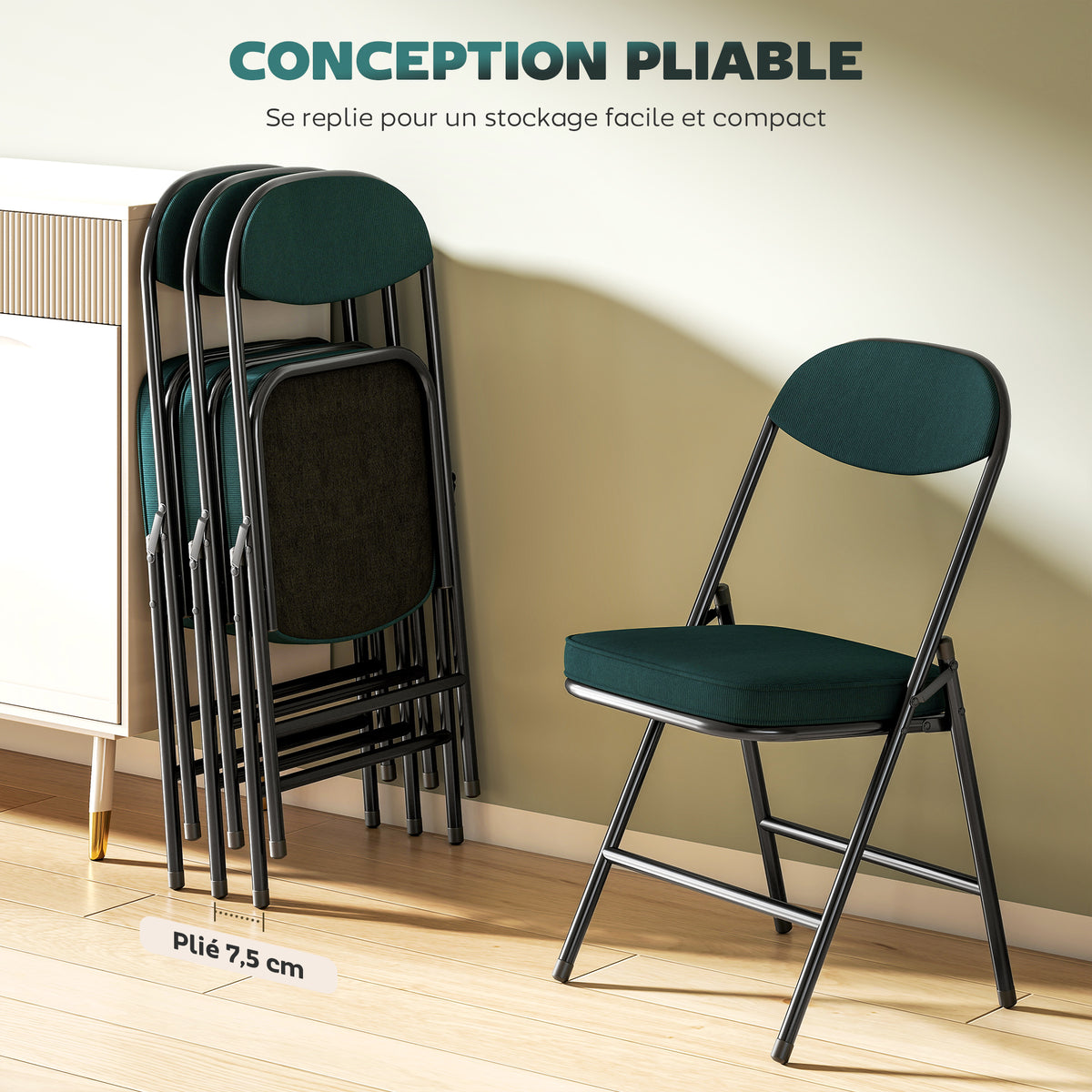 Lot de 4 chaises pliantes chaises de salle à manger portables avec assises et dossiers rembourrés en velours côtelé bleu-4