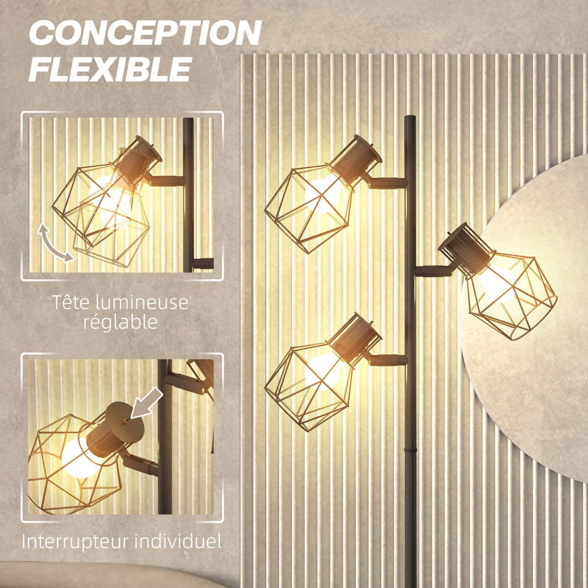 Lampadaire sur pied salon lampe sur pied 3 lumières adaptée aux ampoules E27 (non incluses) 41 x 28 x 169 cm noir-4