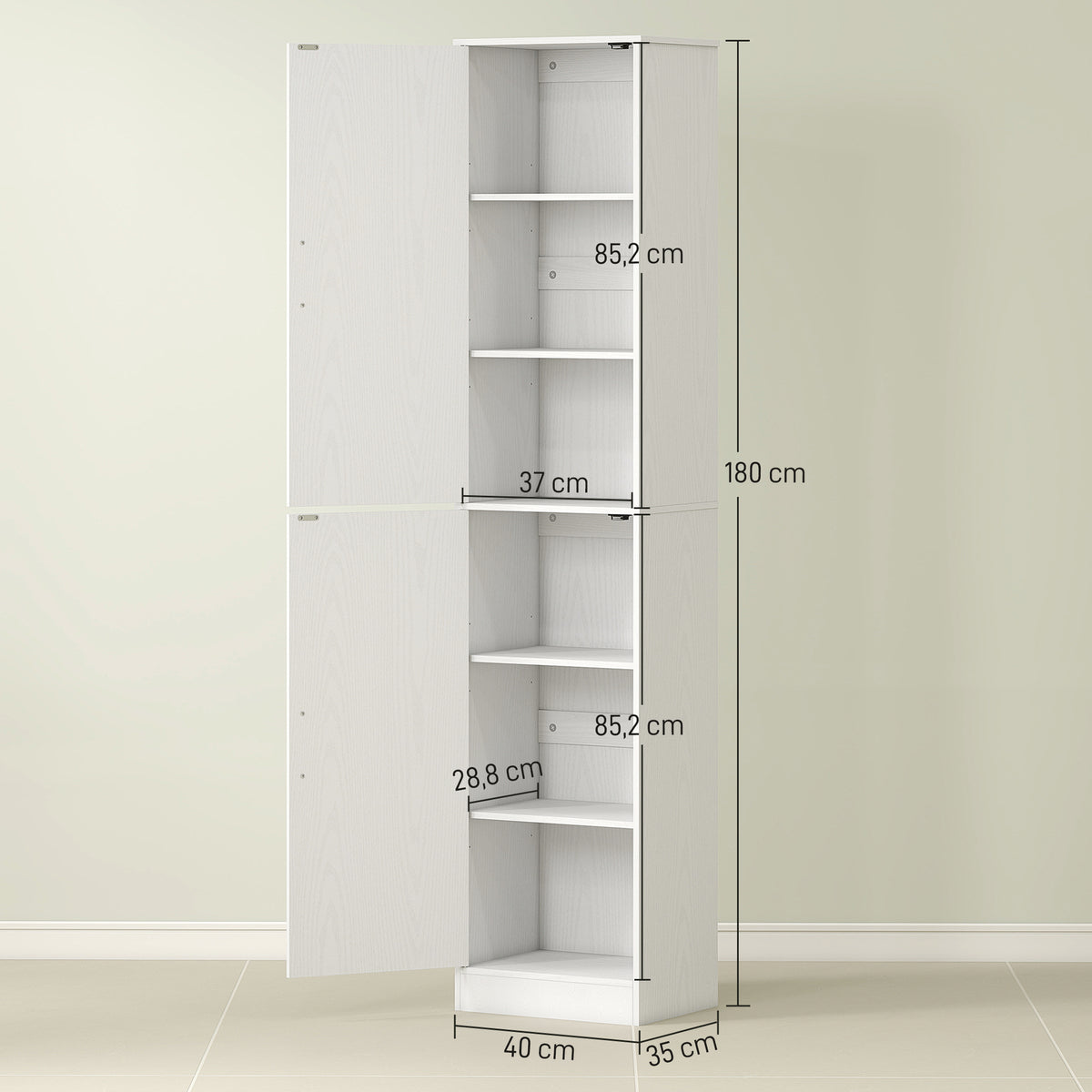 Meuble de salle de bain colonne avec 2 portes et 4 étagères réglables, 40 x 35 x 180 cm, blanc-2