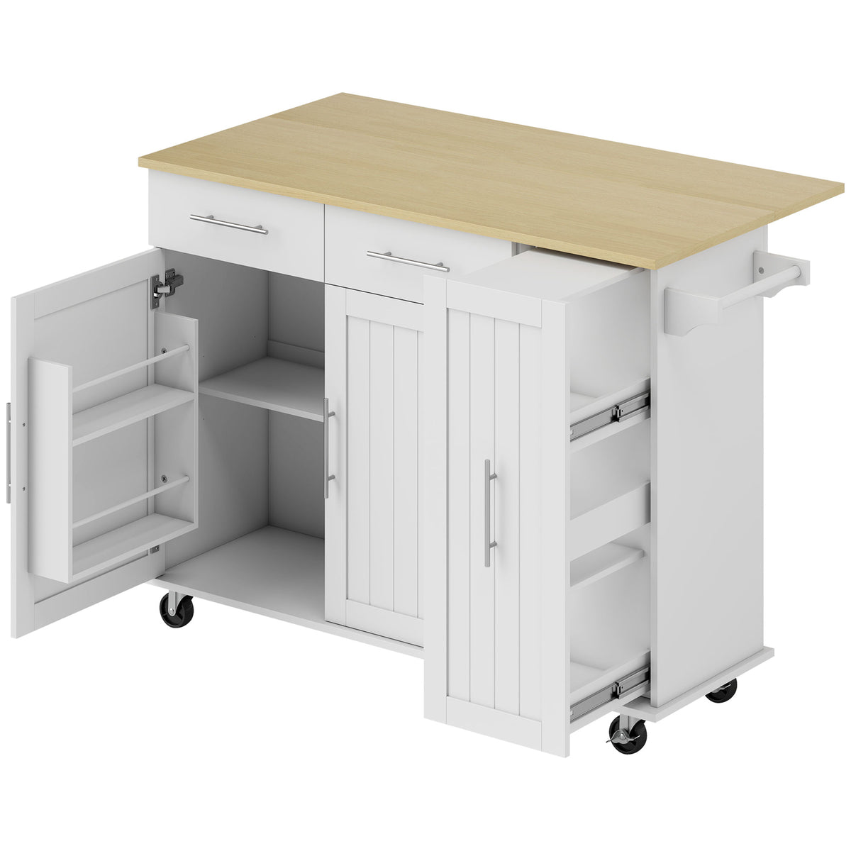 Îlot Central Cuisine avec Plateau Rabattable, Roulettes, 2 Tiroirs, Portes à Fermeture Douce, Porte-Serviettes, Blanc-0