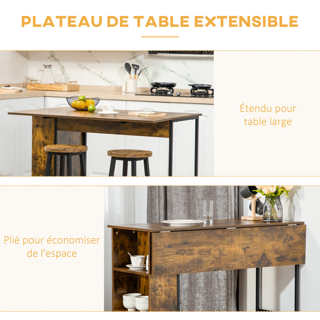 Ilot centra table de bar plateau latéral  rabattable et 3 étagères 120 x 76 x 91,4 cm Brun Rustique-3