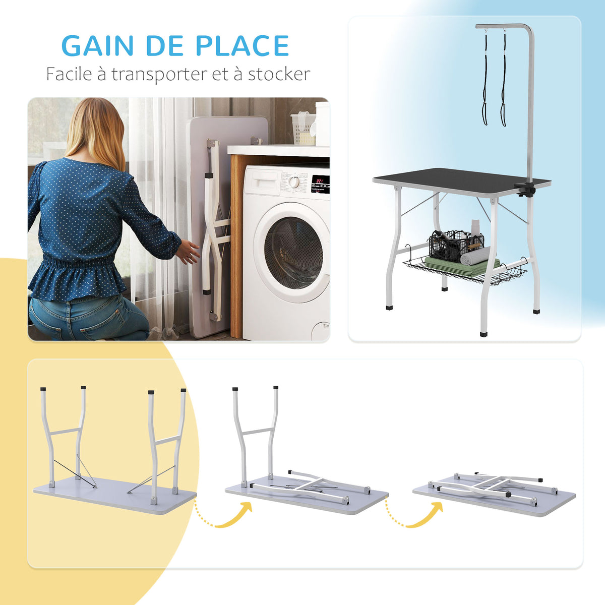 Table de toilettage pour chien pliante plateau antidérapant en caoutchouc avec 2 sangles 90 x 60 x 76 cm noir-5