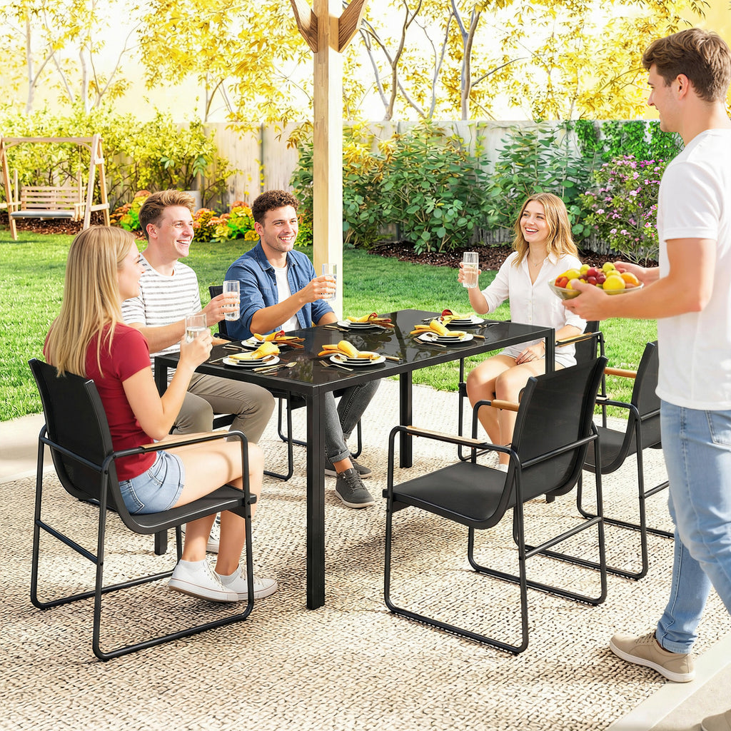 Ensemble de Salle à Manger d'Extérieur 7 Pièces pour 6 Personnes, Table en Verre et Chaises avec Accoudoirs Décoratifs, Maille Résistante aux Intempéries, Noir-8