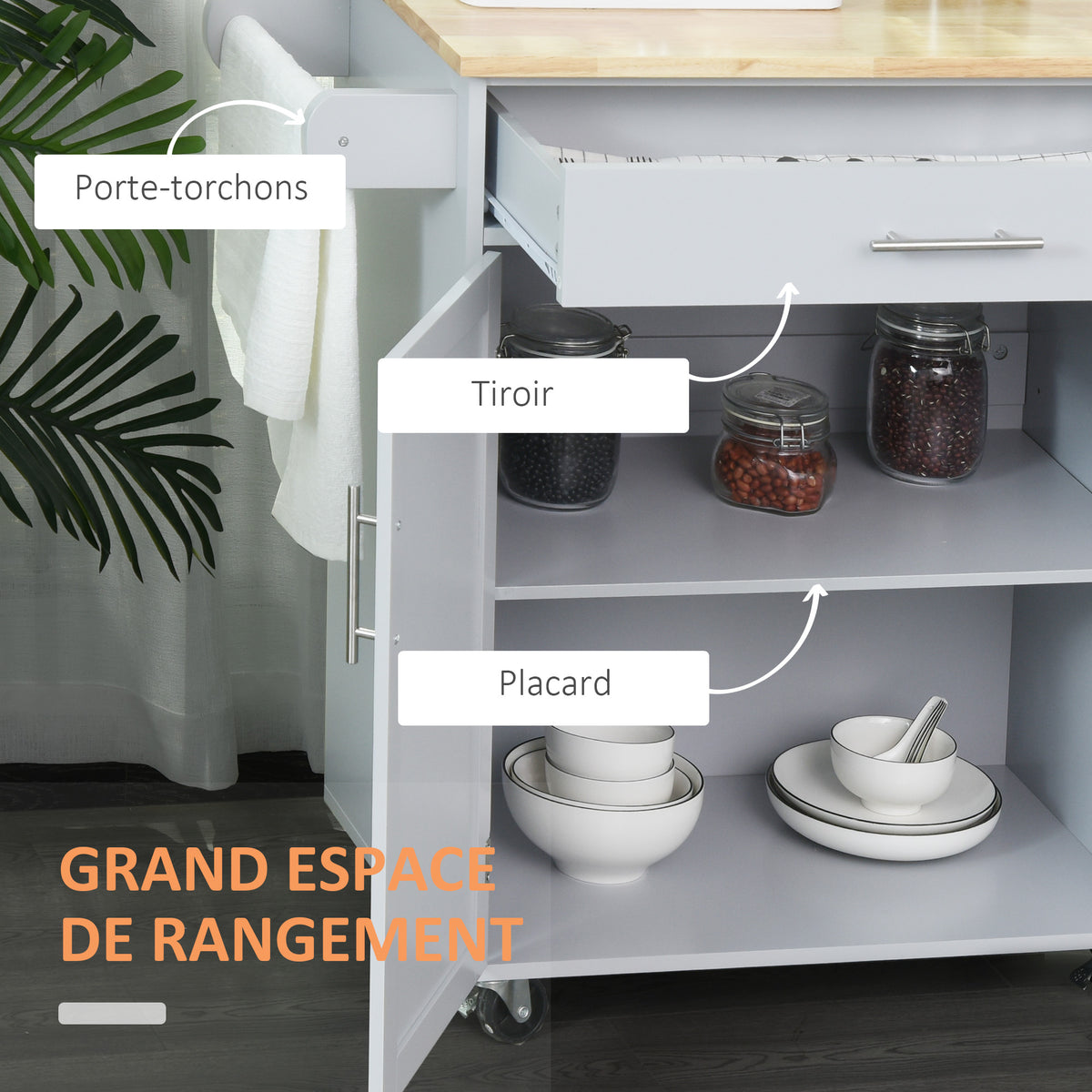 Desserte de cuisine sur roulettes chariot de service Ilot de cuisine avec tiroir de placard et porte-torchons - gris-3