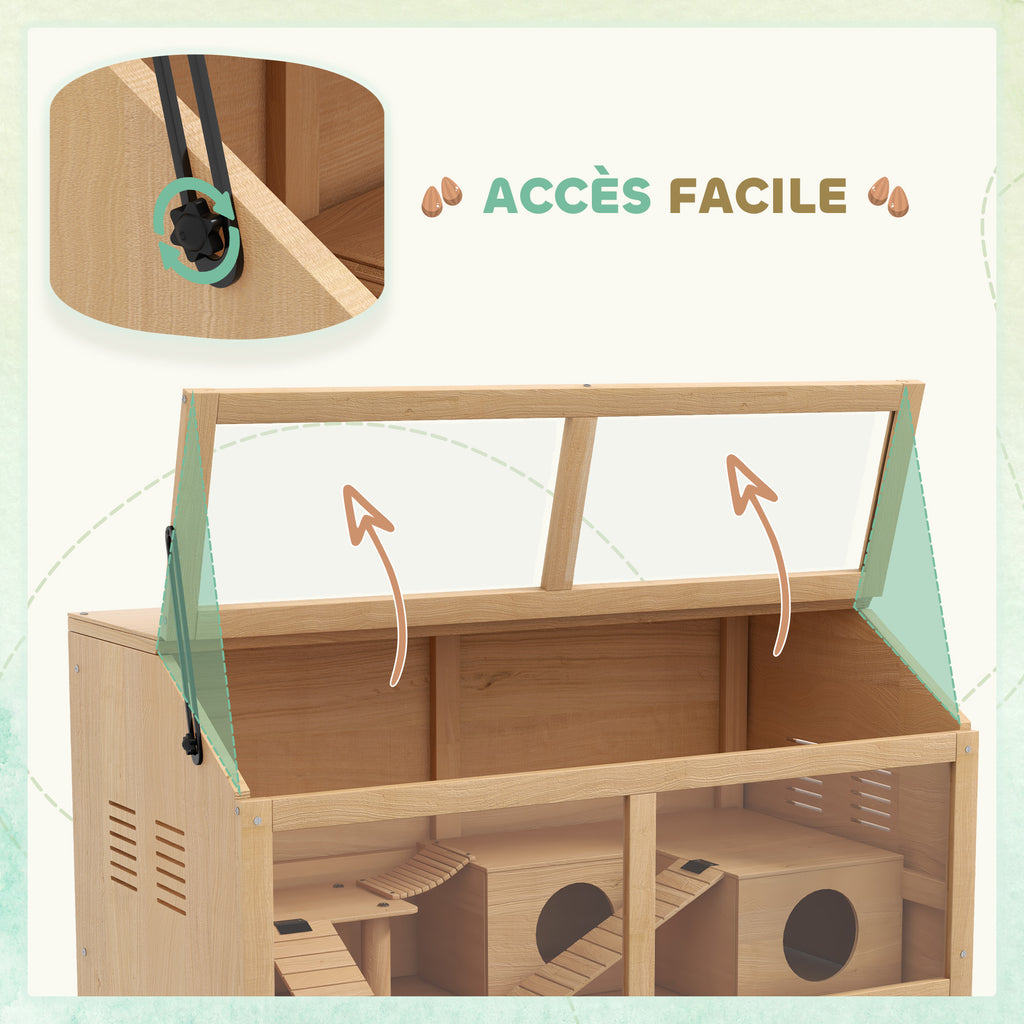 Cage hamster en bois habitat grand pour rongeur ventilation couvercle ouvrant et accessoires 85x45x44cm bois naturel-4