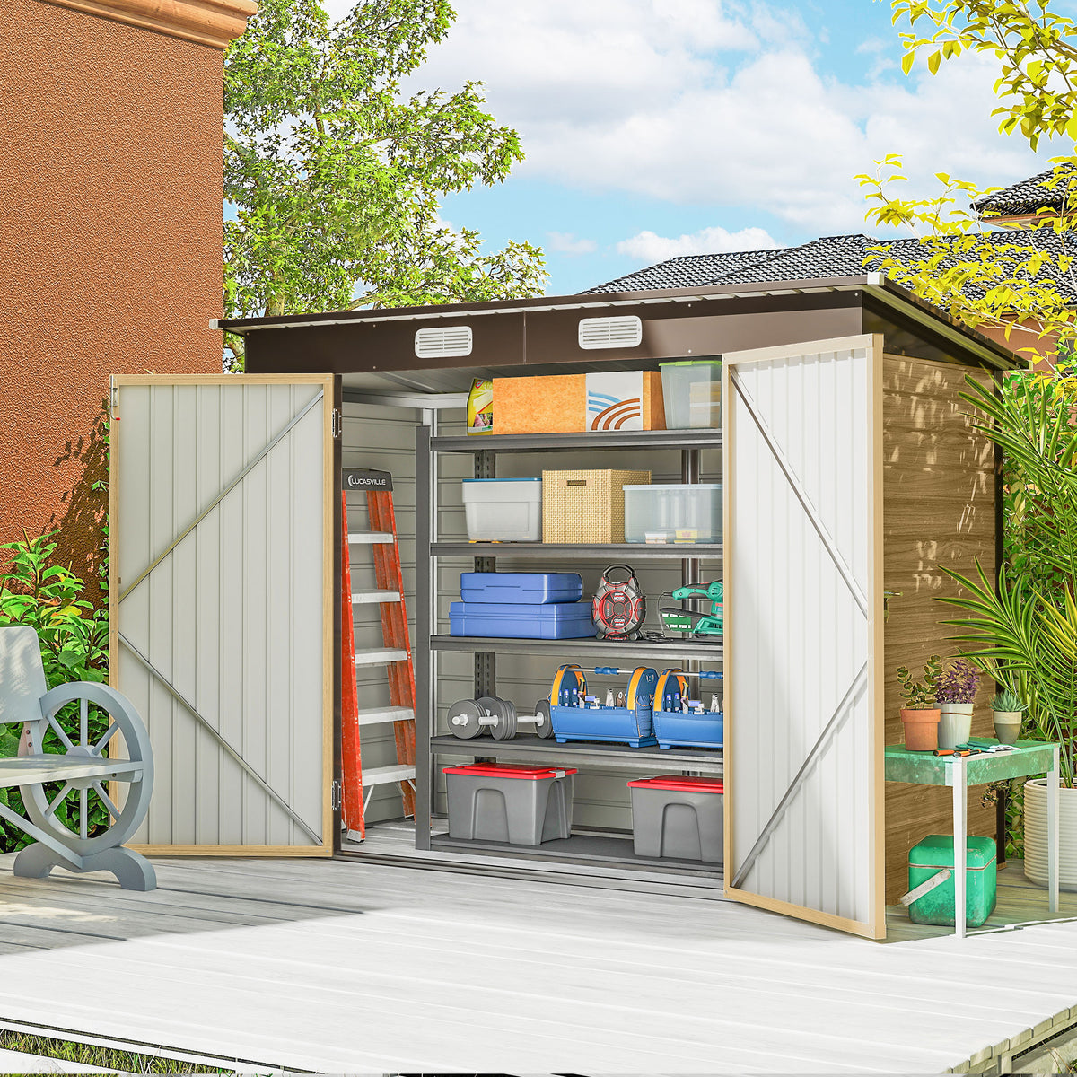 Abri de Jardin en Métal 3 m² Facile à Monter, Cabane de Jardin Structure en Acier Galvanisé Améliorée, Chêne-1