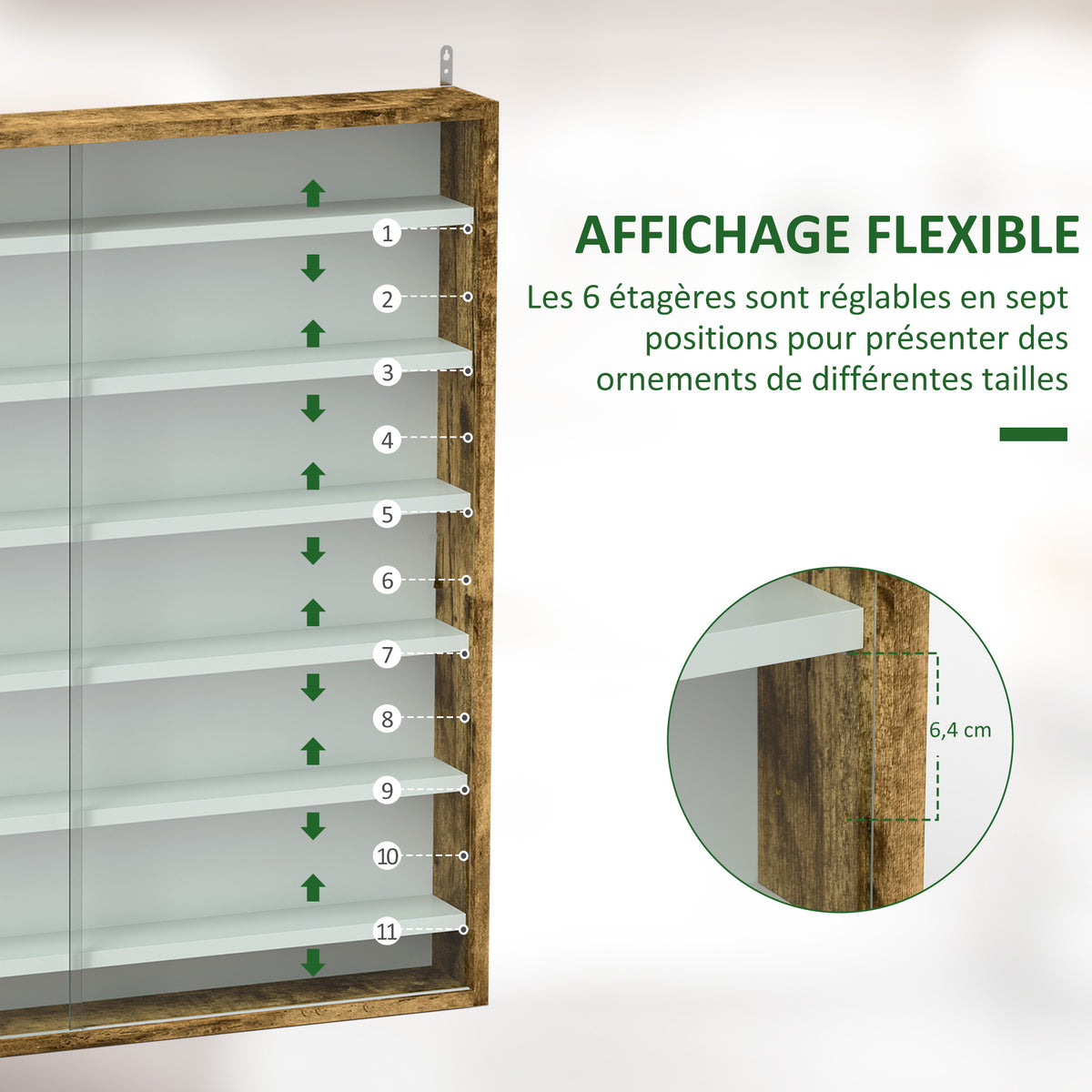 Vitrine pour collection vitrine murale 80 x 9,5 x 83 cm 6 étagères réglables en hauteur 2 portes coulissantes en verre-3