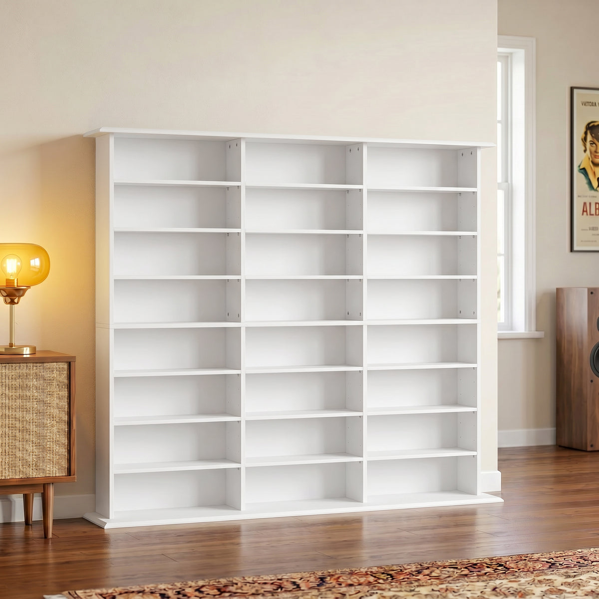Meuble de rangement 1032 CDs / 594 DVDs, étagère multimédia, 24 compartiments et 18 étagères ajustables, blanc-1