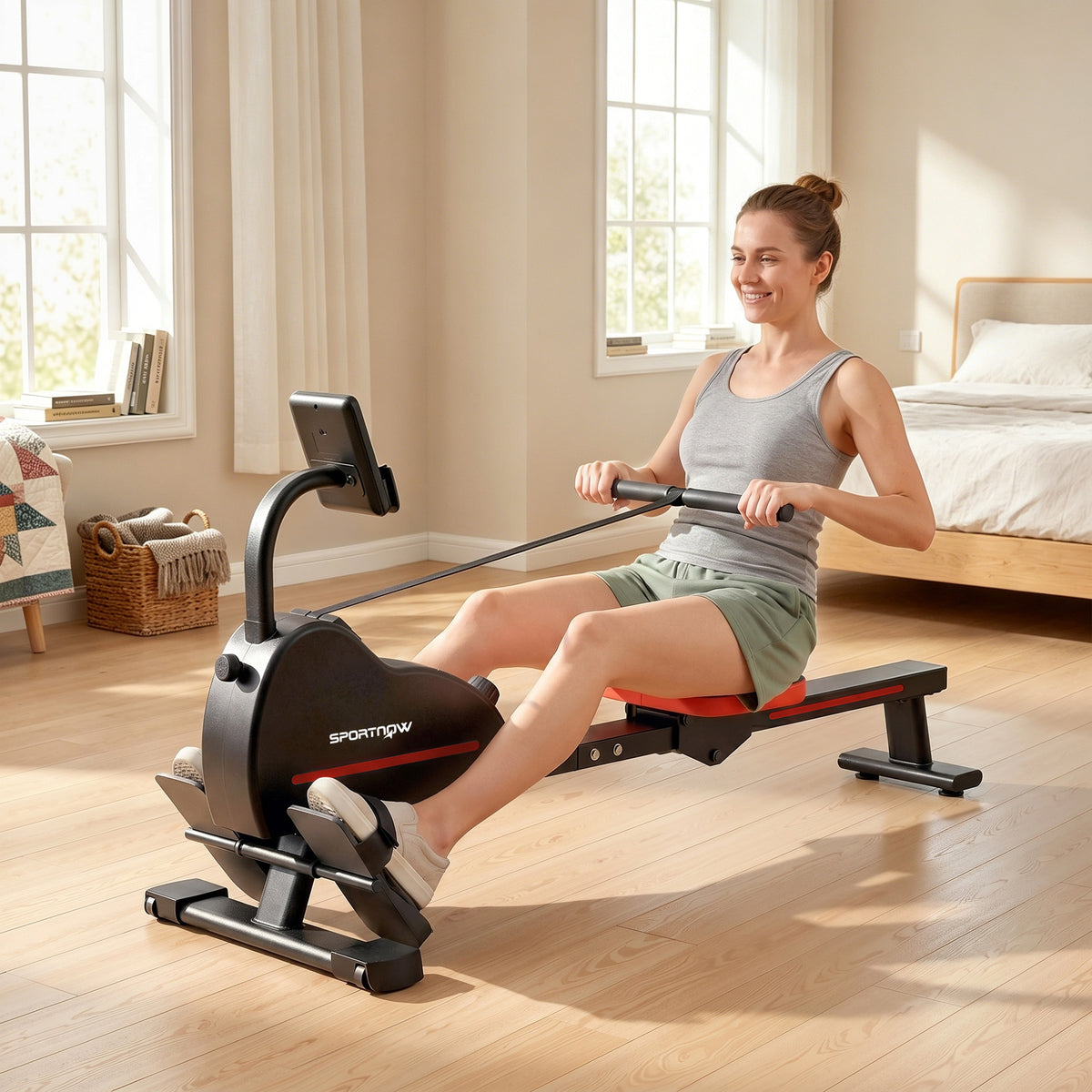 Rameur Musculation d'Appartement Bluetooth Connecté Kinomap & Zwift 16 Niveaux Résistance Silencieux 135x42x72cm Rouge-8