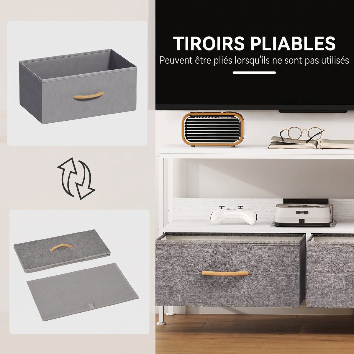 Meuble TV, meuble télé pour téléviseur jusqu'à 47 pouces avec 2 tiroirs et pieds en acier, 98 x 29 x 56 cm, gris clair-3