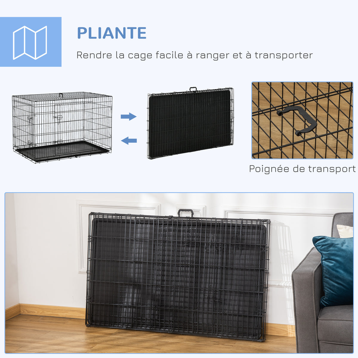Cage caisse de transport pliante pour chien en acier 2 portes verrouillables 121 x 77 x 82 cm noir-6