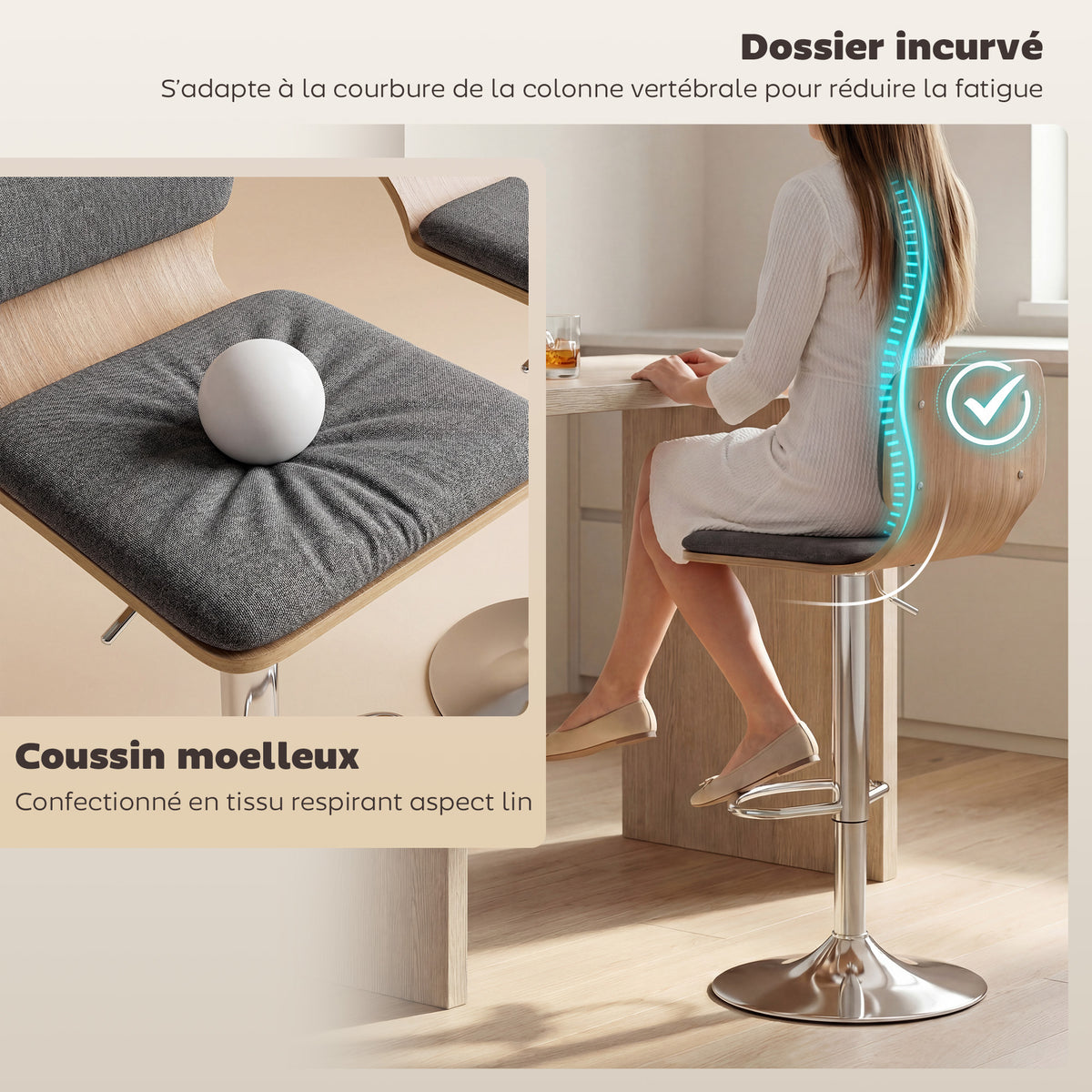 Lot de 2 tabourets de bar chaises de bar réglable en hauteur dossier repose-pieds pivotant 360° 41x47,5x81-102cm gris-4