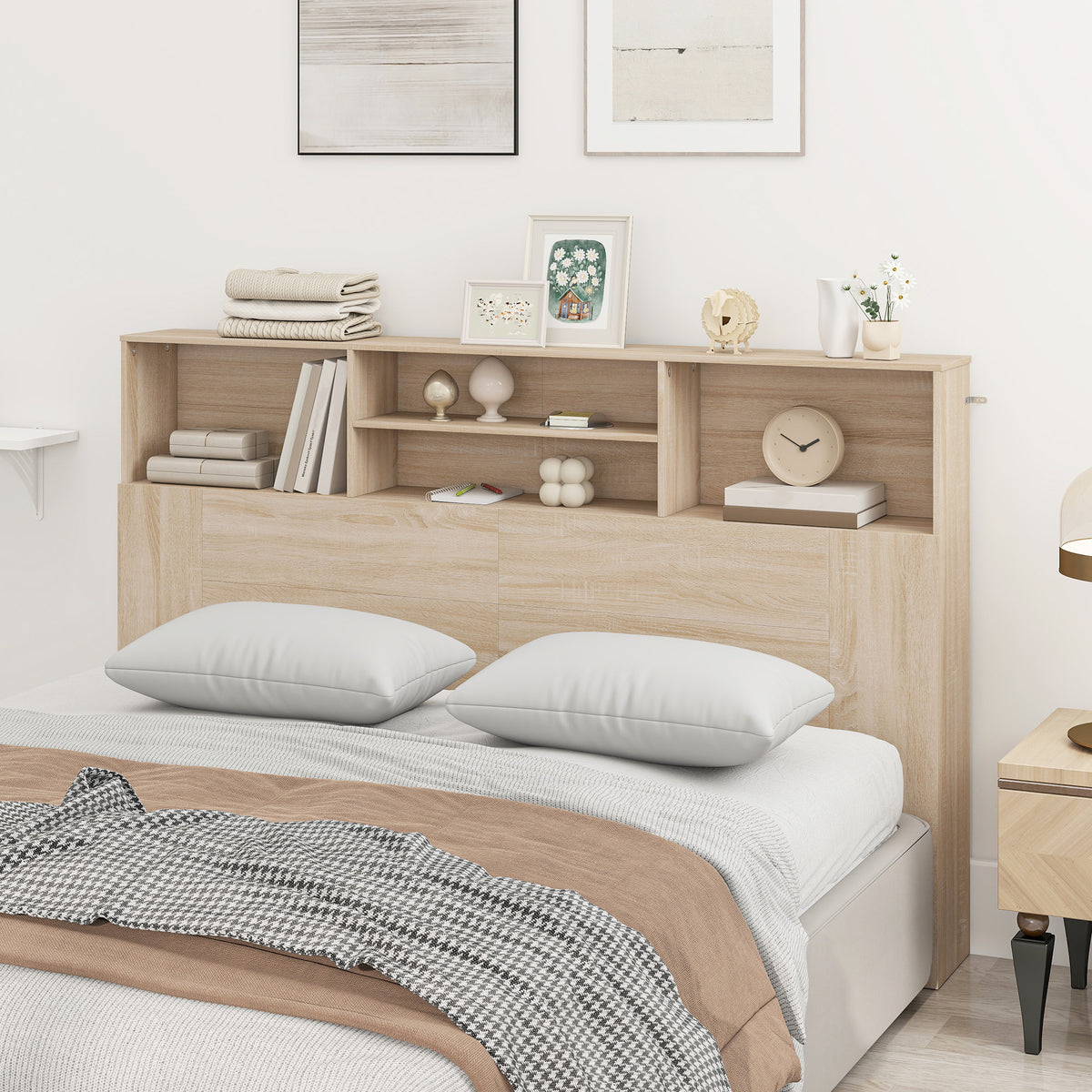 Tête de lit sur pied avec rangements, accessoire de lit 4 compartiments ouverts, 160 x 20,2 x 108,2 cm, bois naturel-1