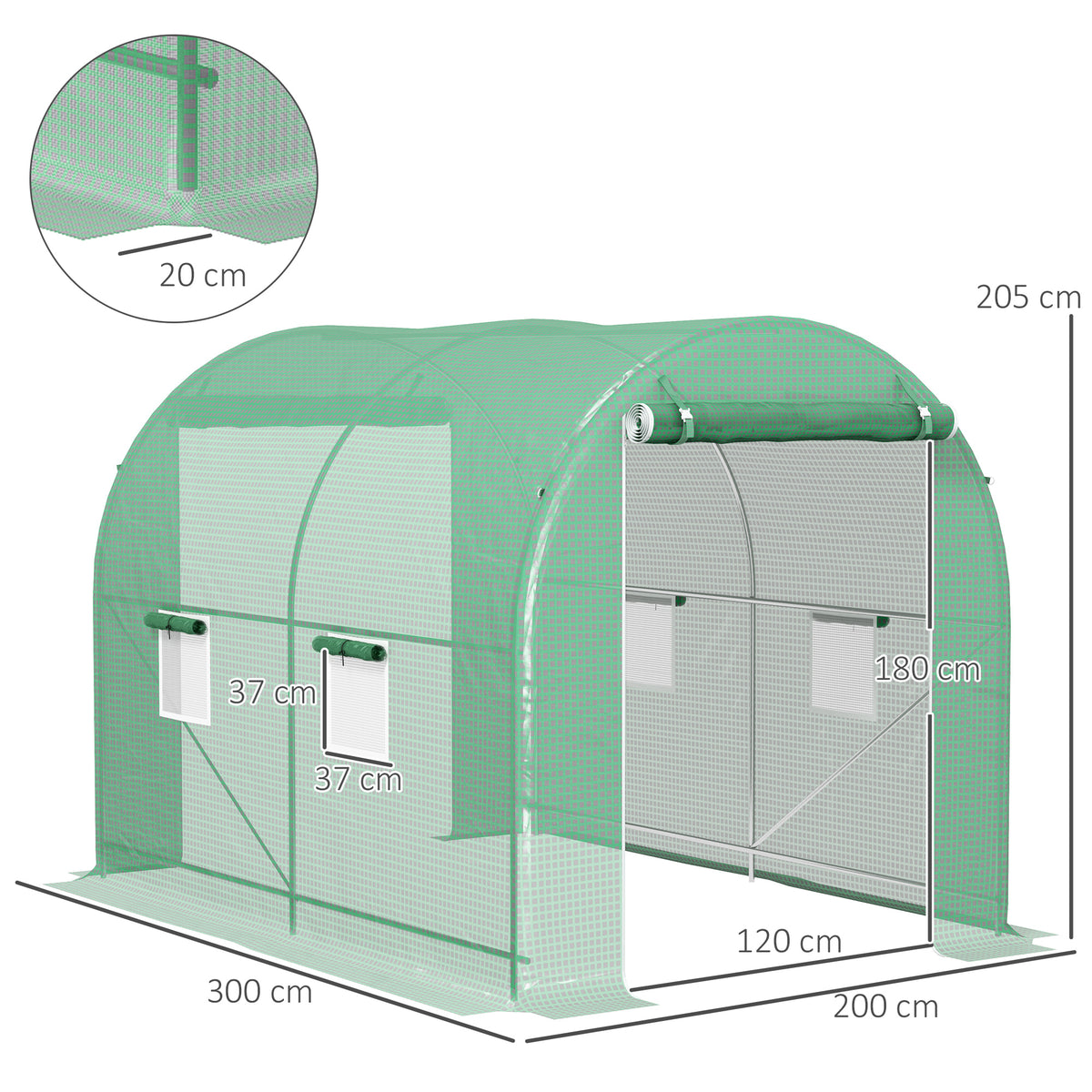 Serre de Jardin Tunnel Surface Sol 6 m² châssis Tubulaire renforcé Porte zippée 4 fenêtres enroulables Vert-2