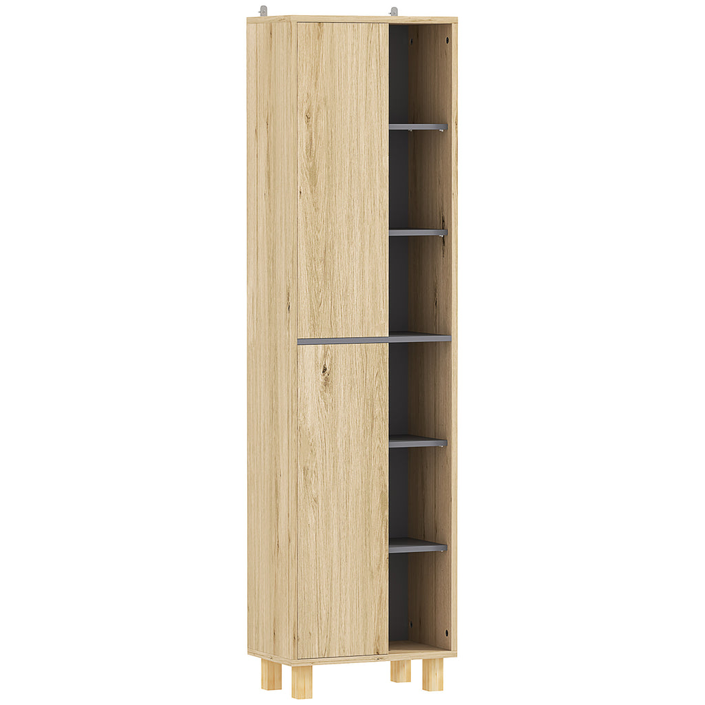Meuble colonne salle de bain, armoire de salle de bain avec 6 compartiments ouverts et 2 placards, bois naturel-0