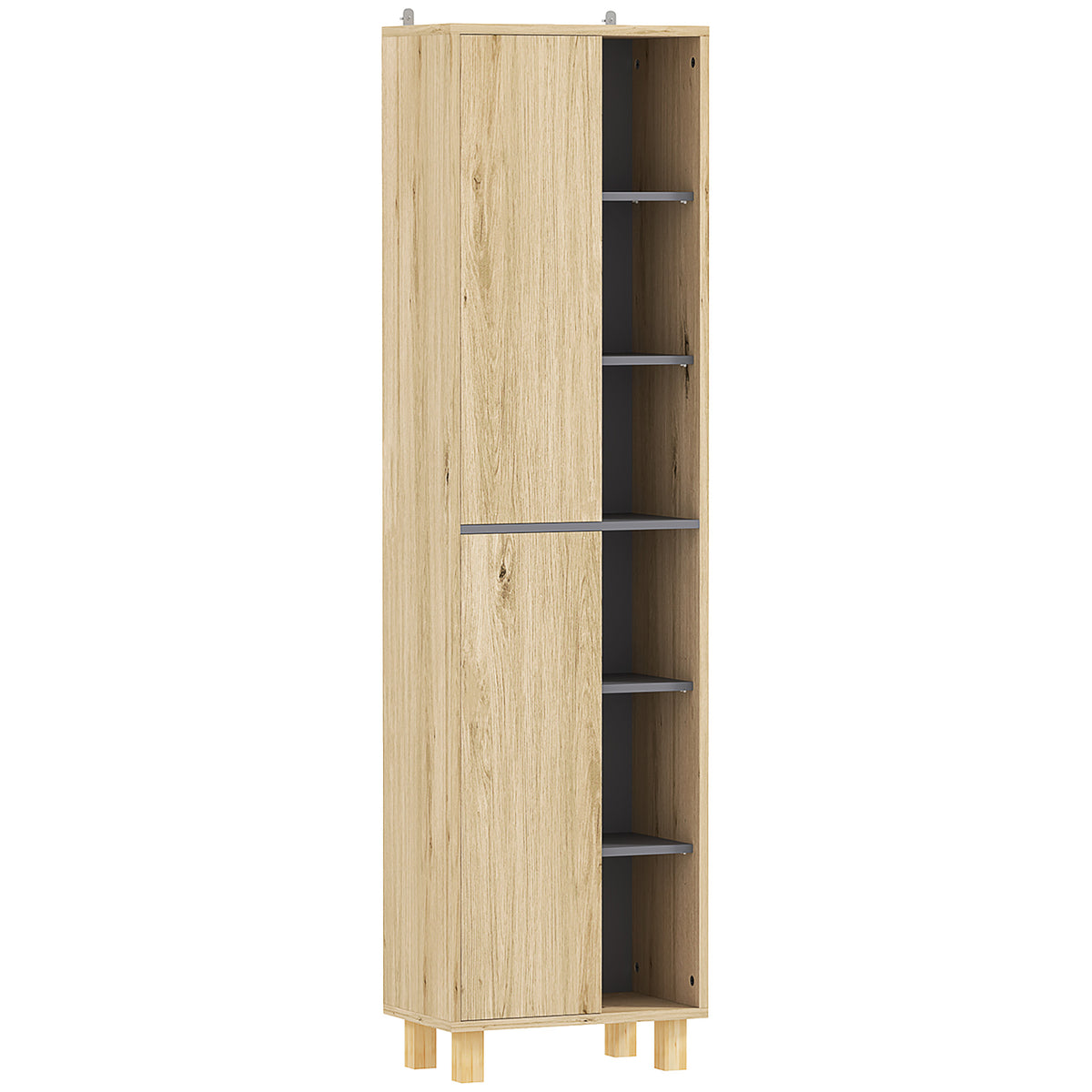 Meuble colonne salle de bain, armoire de salle de bain avec 6 compartiments ouverts et 2 placards, bois naturel-0