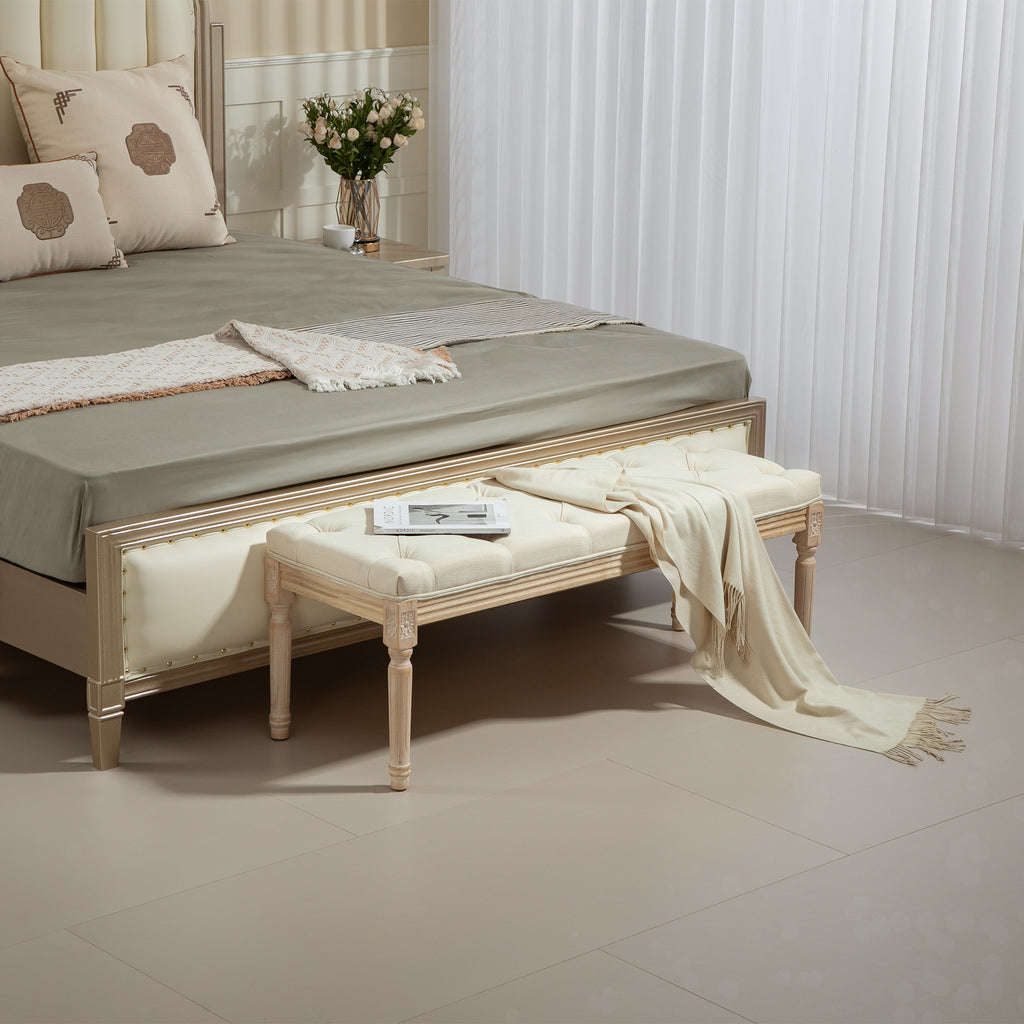 Banc Banquette classique capitonné 115cm bout de lit Rembourrée en lin - bois d'hévéa sculpté, patiné - crème-9
