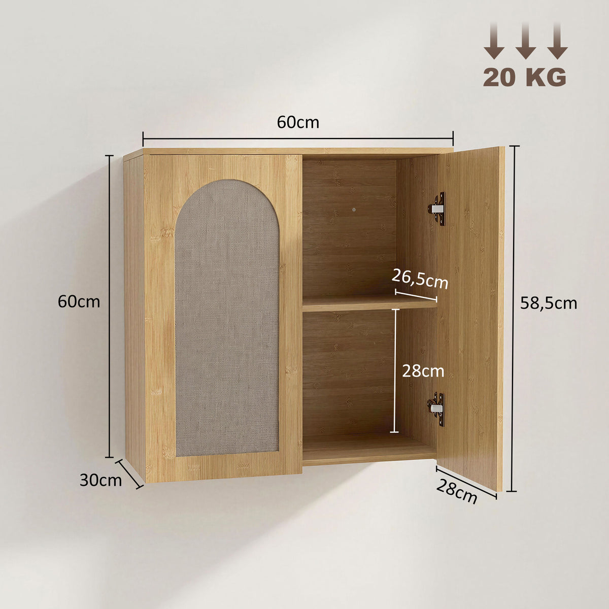 Armoire murale de salle de bain bohème avec 2 portes effet rotin à fermeture douce et étagère réglable, chêne-2