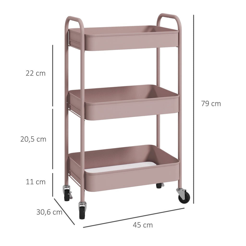 Desserte chariot de rangement en acier chariot de service à roulettes 3 plateaux ajourés 45 x 30,6 x 79 cm rose-2