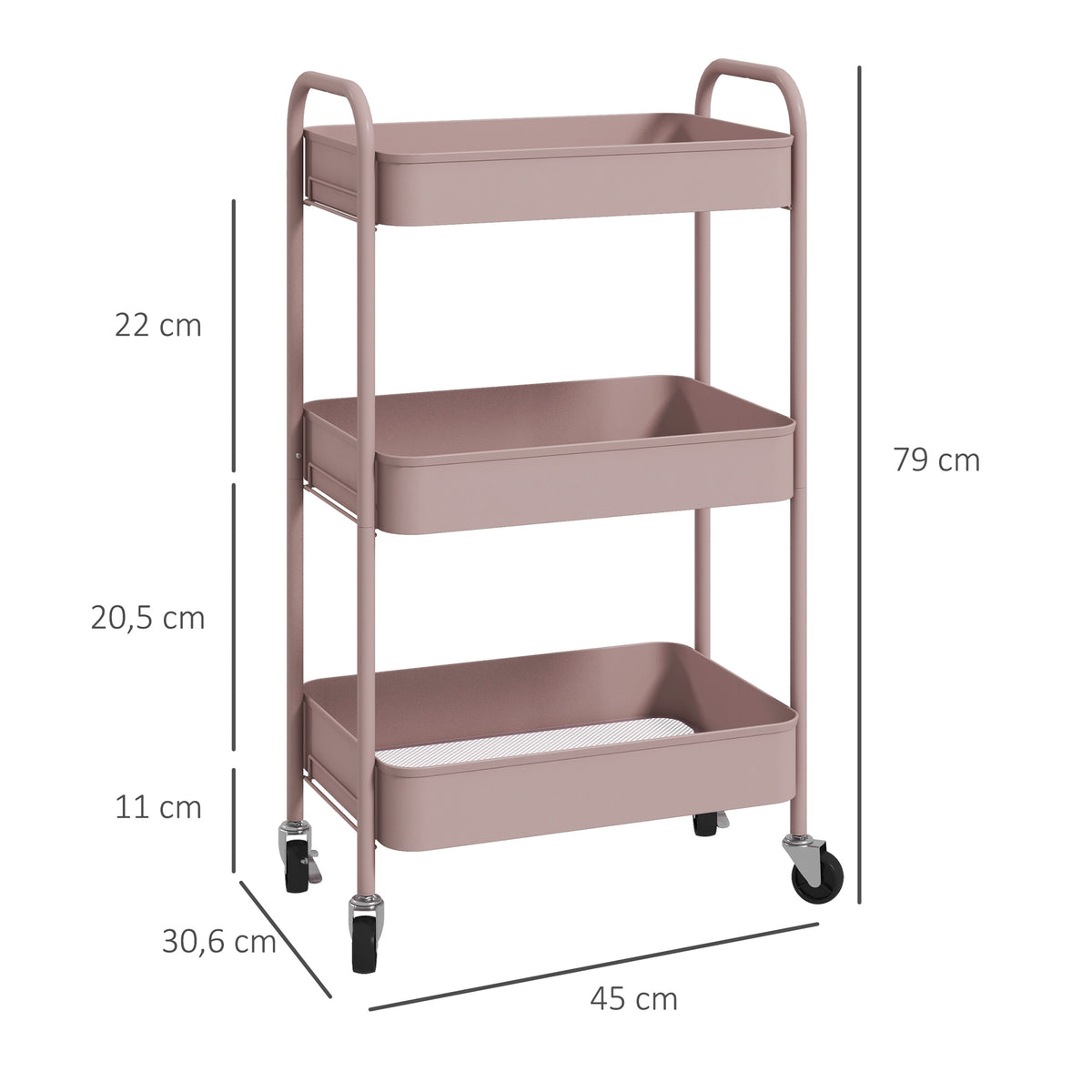 Desserte chariot de rangement en acier chariot de service à roulettes 3 plateaux ajourés 45 x 30,6 x 79 cm rose-2
